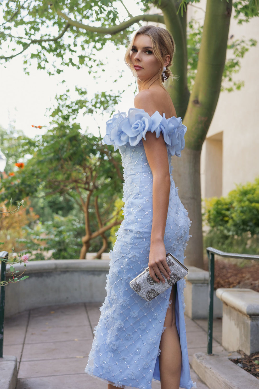 Mac Duggal - Blue Off The Shoulder Embellished Dress With 3D Flower Detail