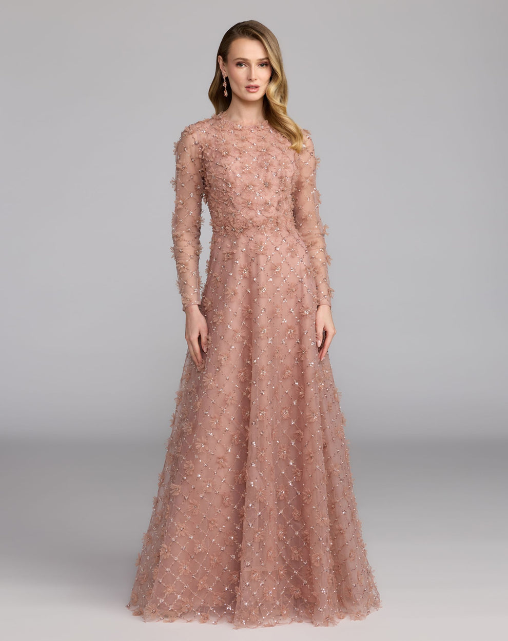 Mocha Jewel Neck Long Floral Applique Evening Dress A-Line Mac Duggal 21364