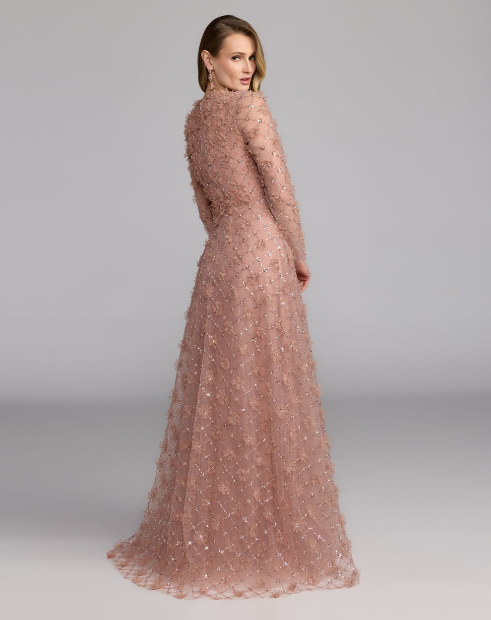 Mocha Jewel Neck Long Floral Applique Evening Dress A-Line Mac Duggal 21364
