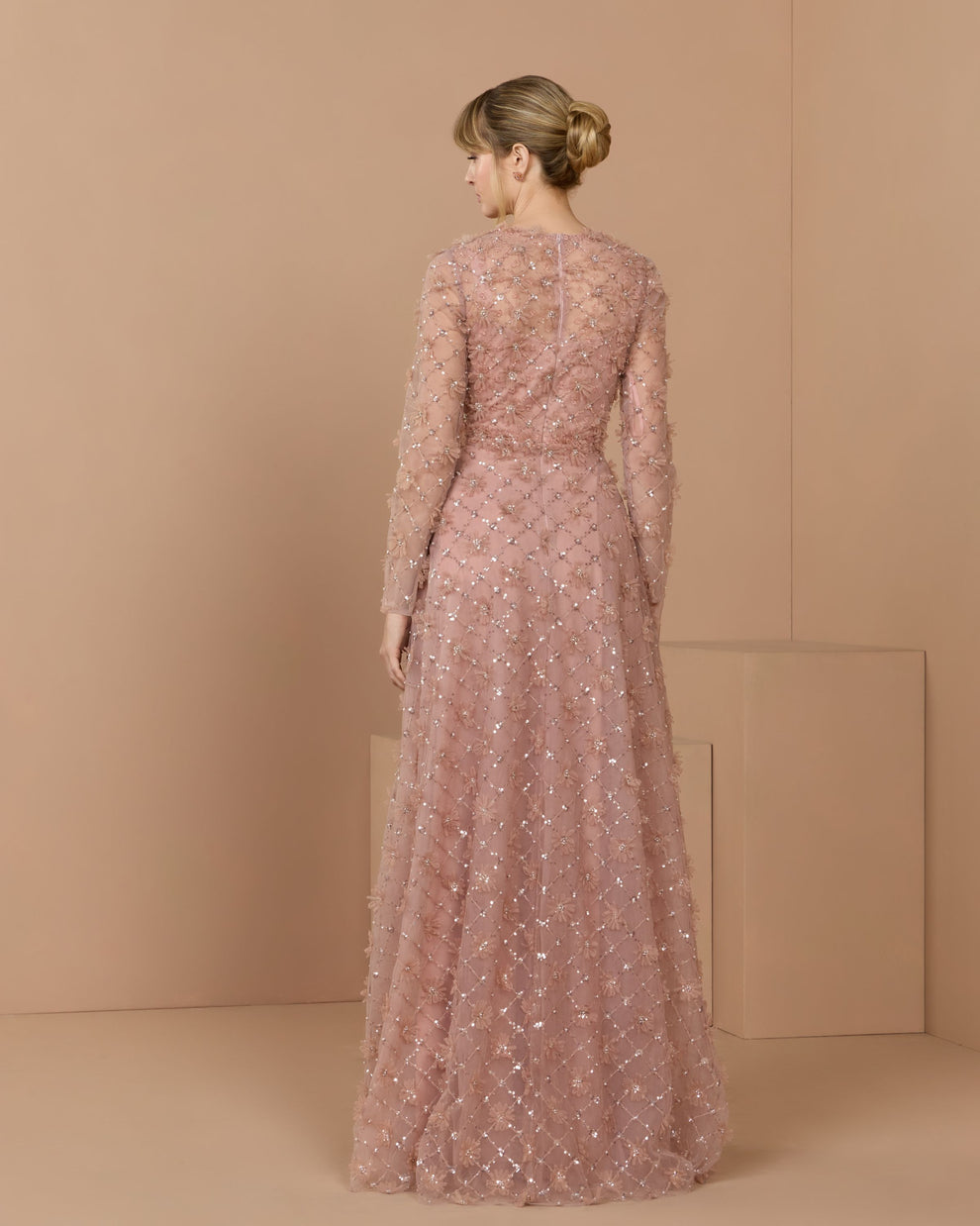Mocha Jewel Neck Long Floral Applique Evening Dress A-Line Mac Duggal 21364