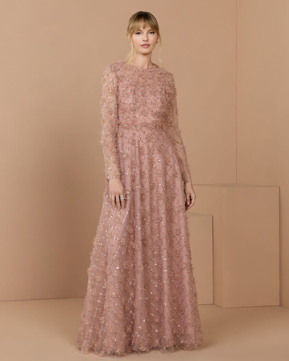 Mocha Jewel Neck Long Floral Applique Evening Dress A-Line Mac Duggal 21364