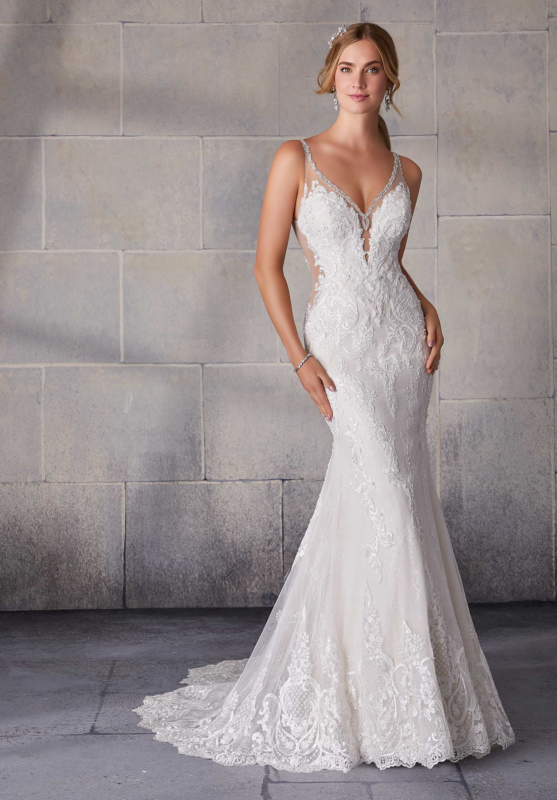 Wedding Dresses Long Fitted Beaded Lace Wedding Bridal Dress MGNY Madeline Gardner New York 2139 Ivory/Champagne