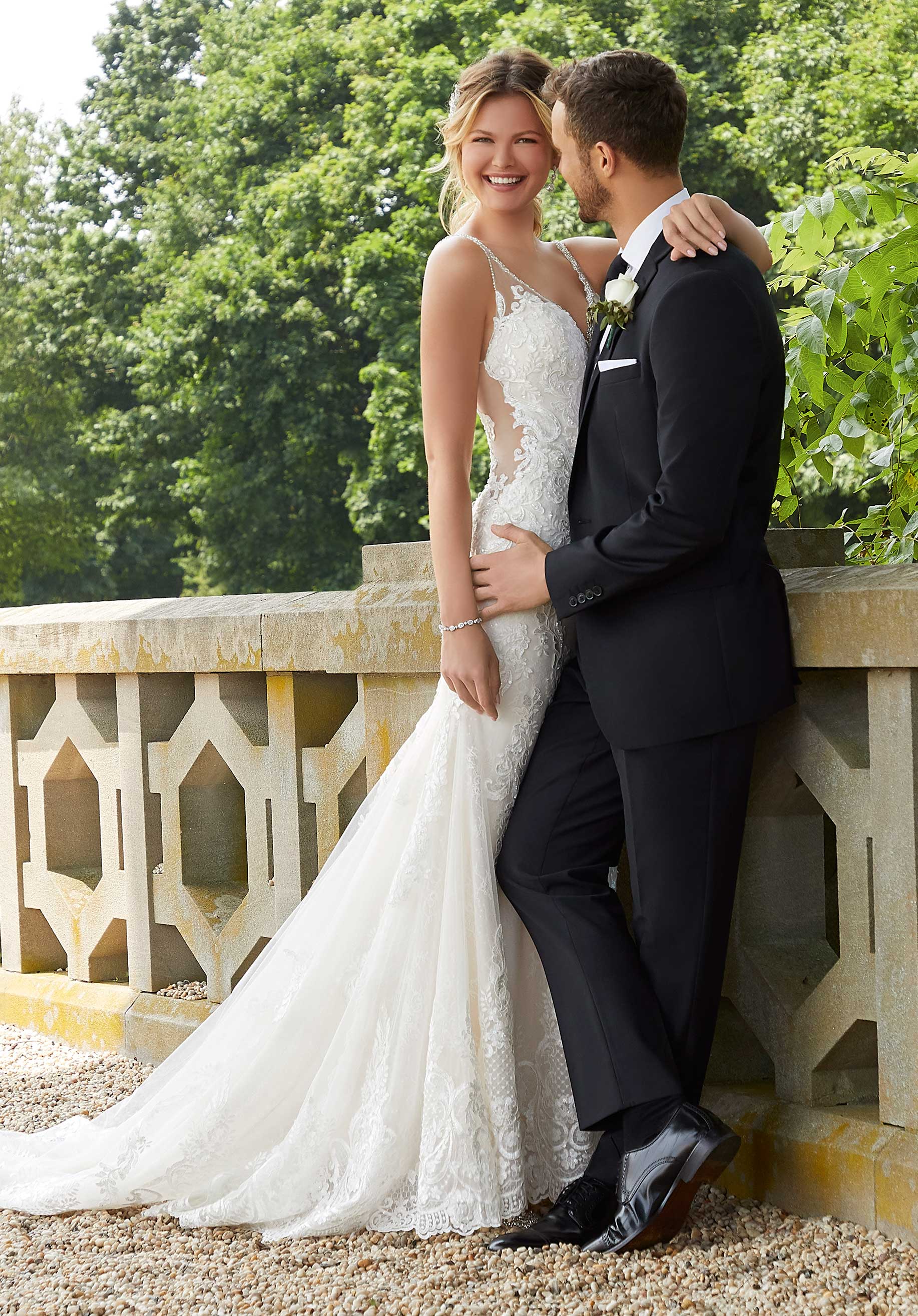 Wedding Dresses Long Fitted Beaded Lace Wedding Bridal Dress MGNY Madeline Gardner New York 2139 Ivory/Champagne
