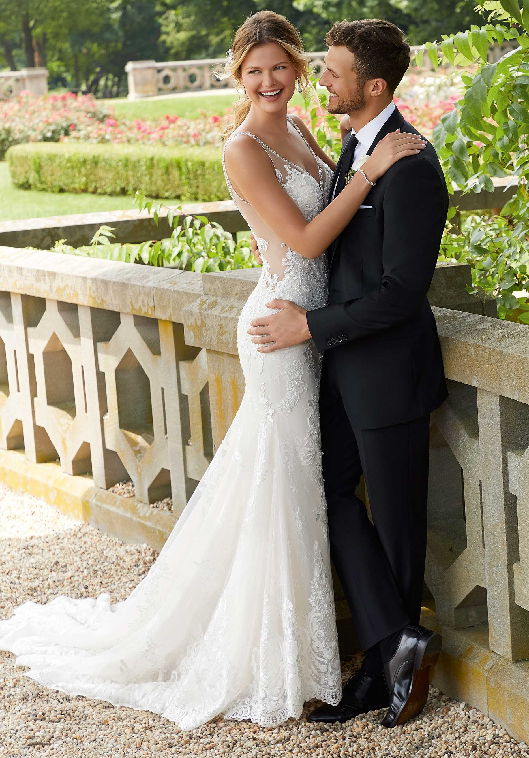 Wedding Dresses Long Fitted Beaded Lace Wedding Bridal Dress MGNY Madeline Gardner New York 2139 Ivory/Champagne