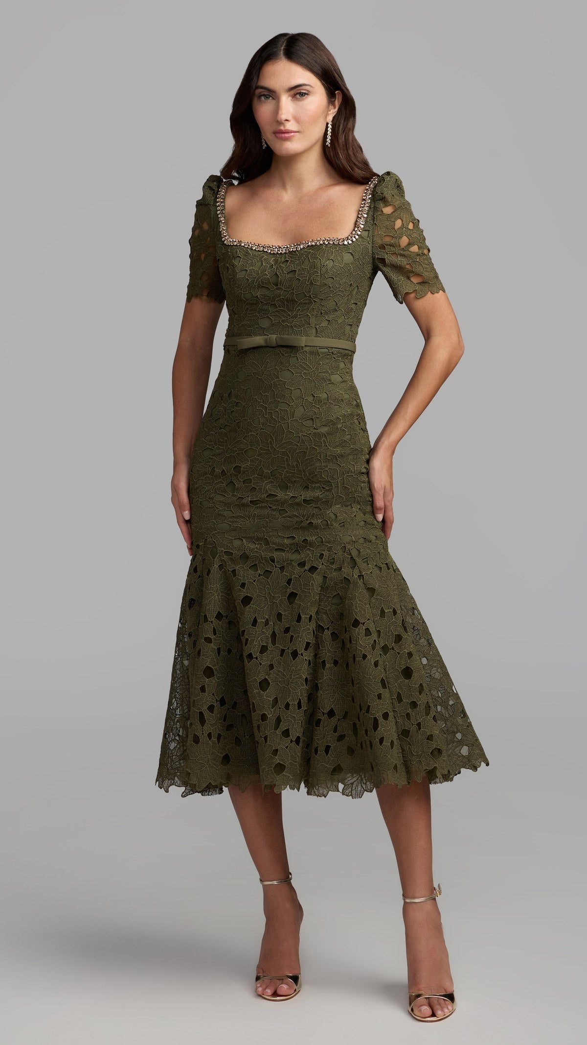 Mac Duggal style 21397 in Olive, front view