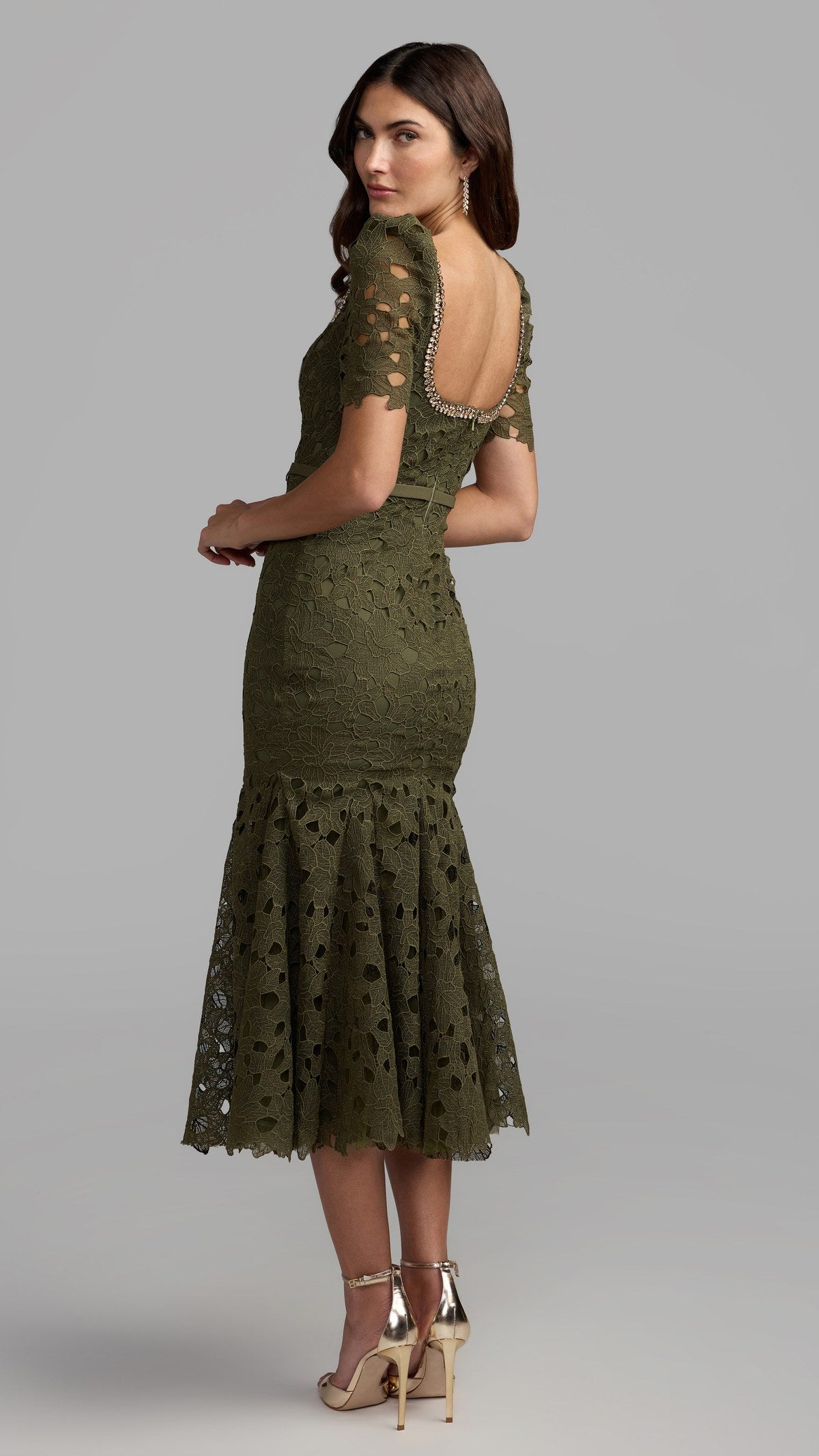 Mac Duggal style 21397 in Olive, back view