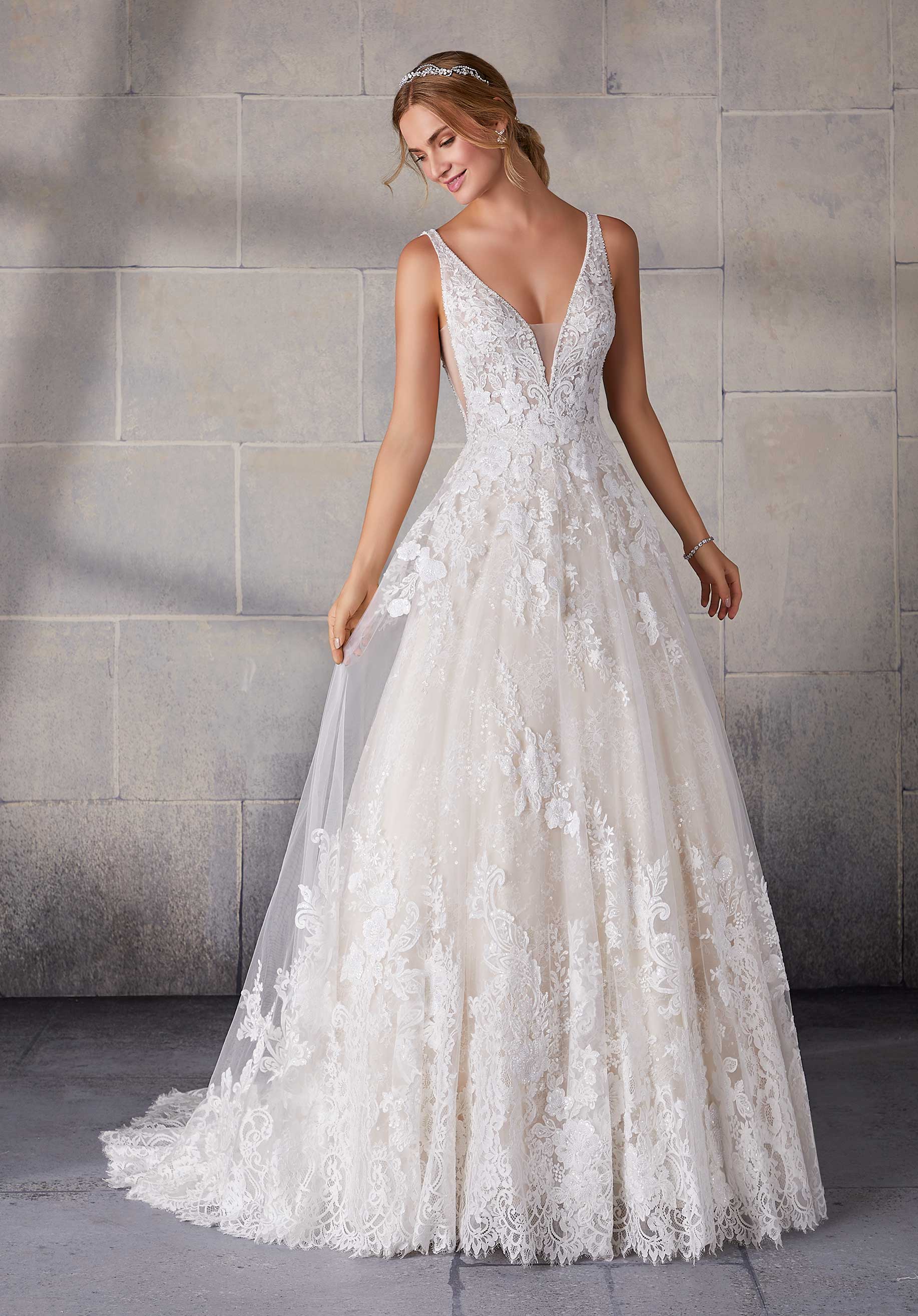 Wedding Dresses Long Sequin Lace Wedding Dress MGNY Madeline Gardner New York 2142 Ivory/Champagne
