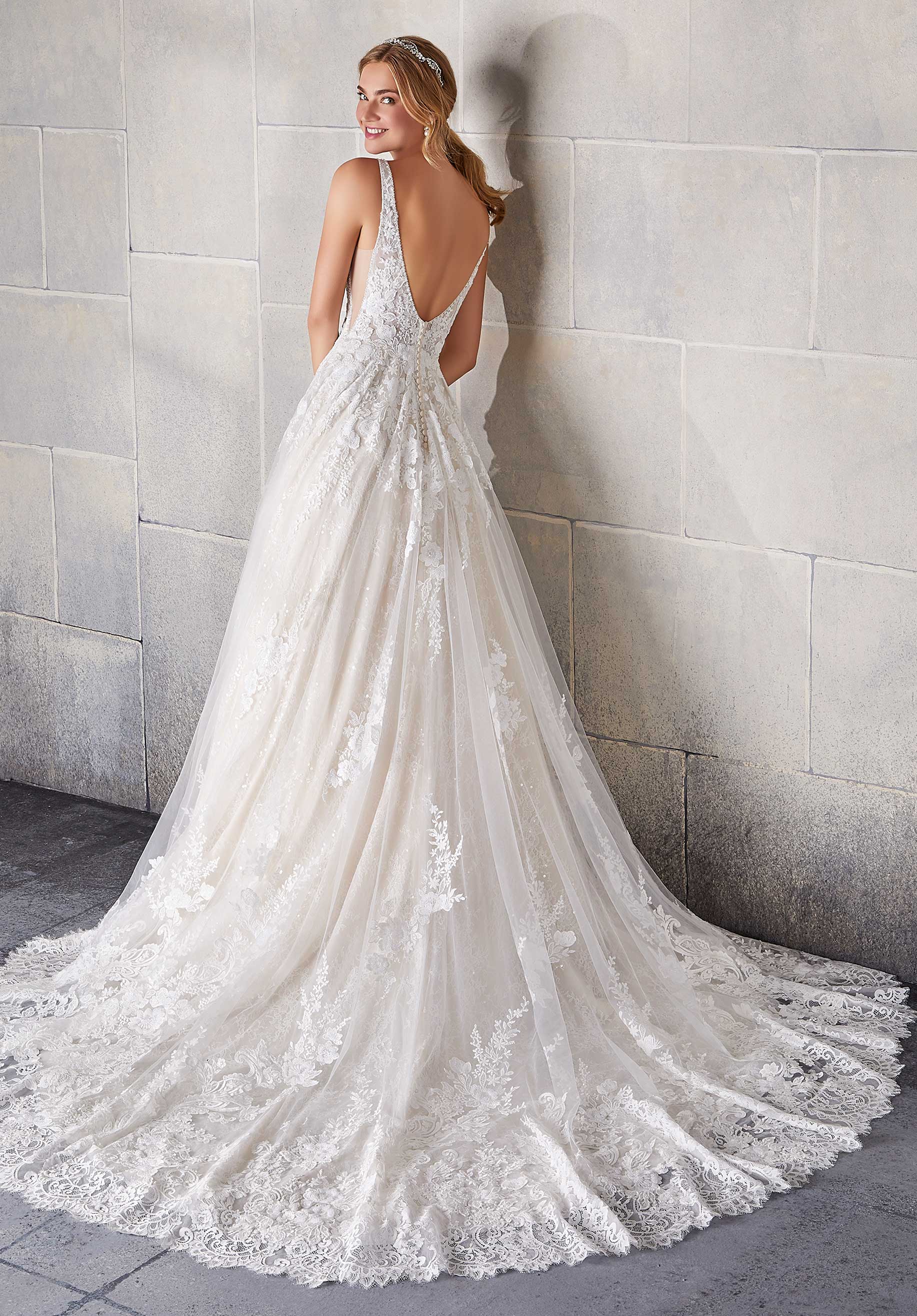 Wedding Dresses Long Sequin Lace Wedding Dress MGNY Madeline Gardner New York 2142 Ivory/Champagne