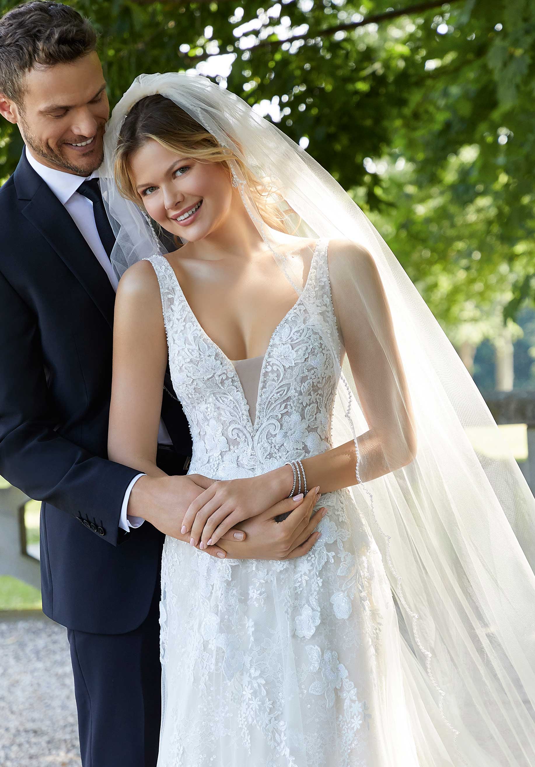 Wedding Dresses Long Sequin Lace Wedding Dress MGNY Madeline Gardner New York 2142 Ivory/Champagne