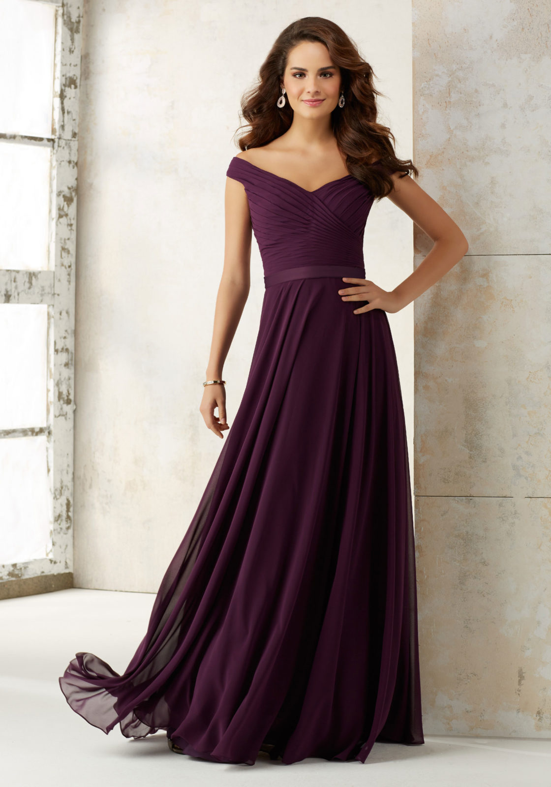 Formal Dresses Long A Line Pleated Evening Formal Dress MGNY Madeline Gardner New York 21523 Eggplant