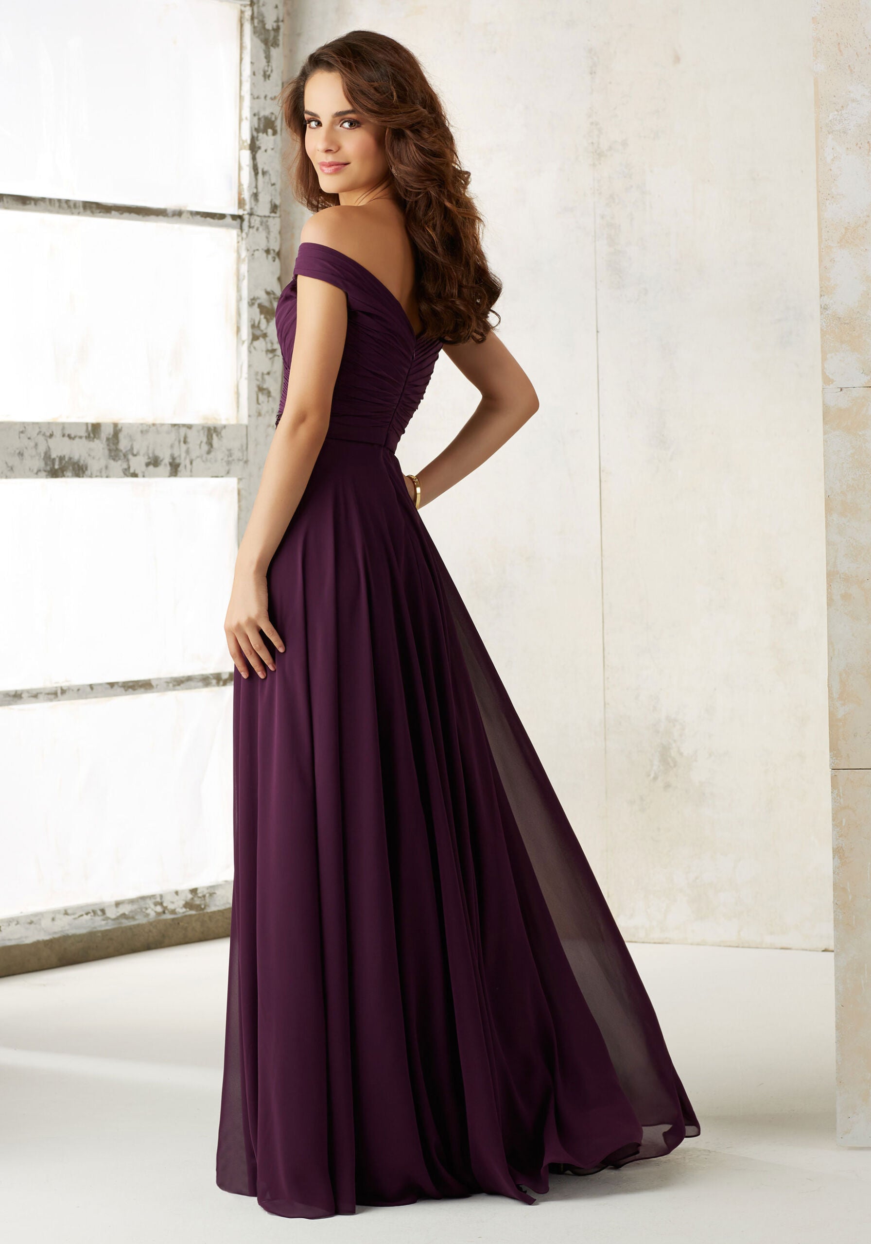 Formal Dresses Long A Line Pleated Evening Formal Dress MGNY Madeline Gardner New York 21523 Eggplant