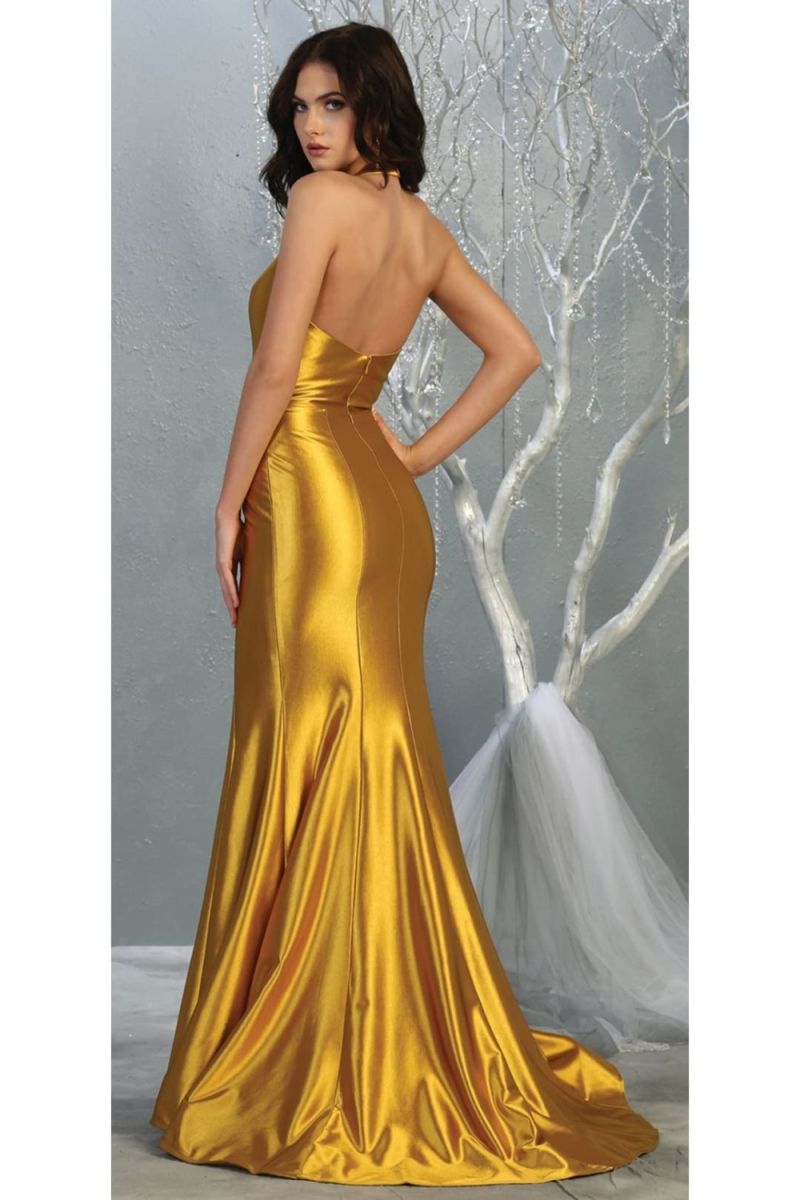 Metallic/Gold Halter Floor-Length Satin Prom Dress Open Back May Queen MQ1740