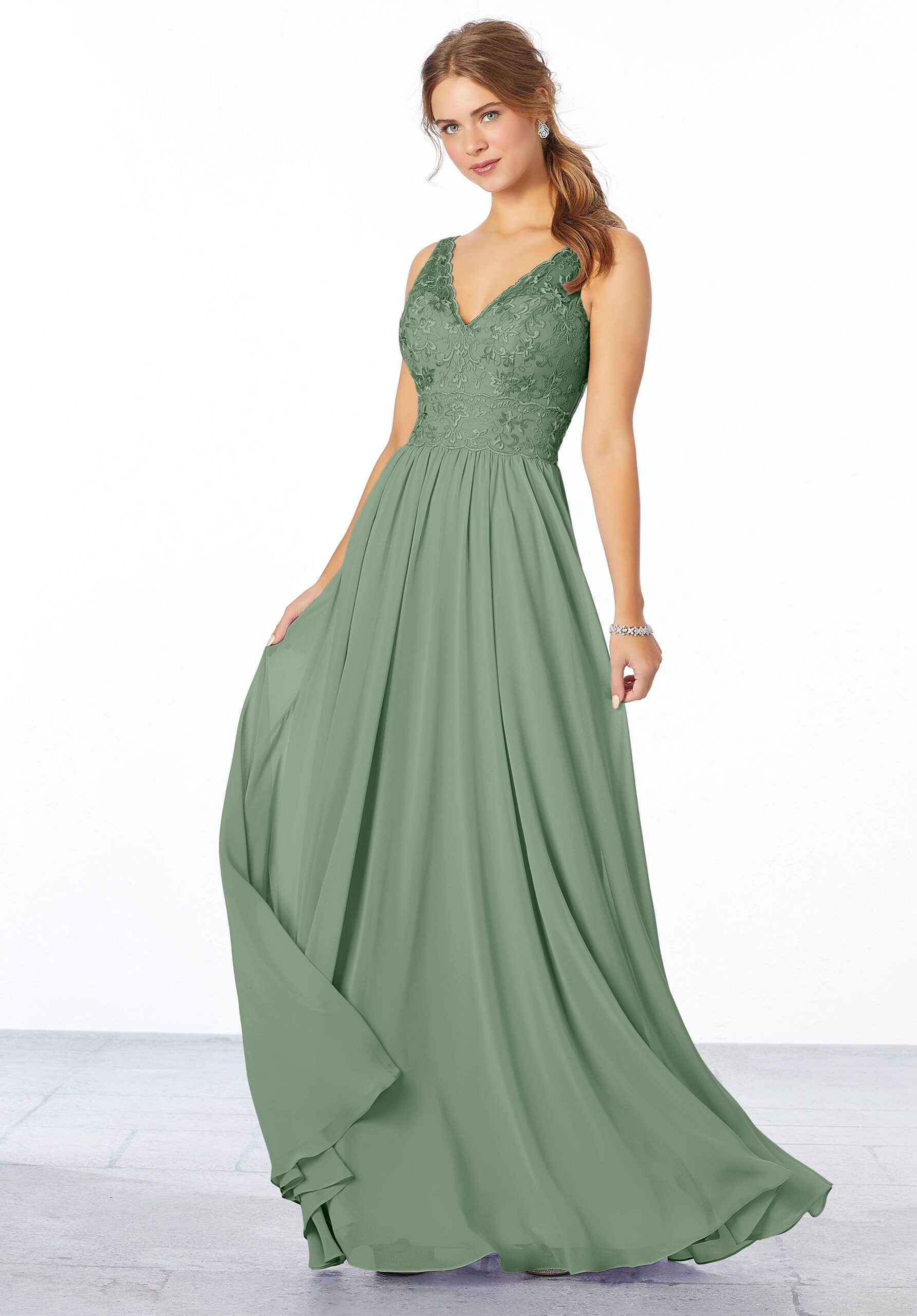 Formal Dresses Long Formal Lace A Line Dress MGNY Madeline Gardner New York 21656 Moss