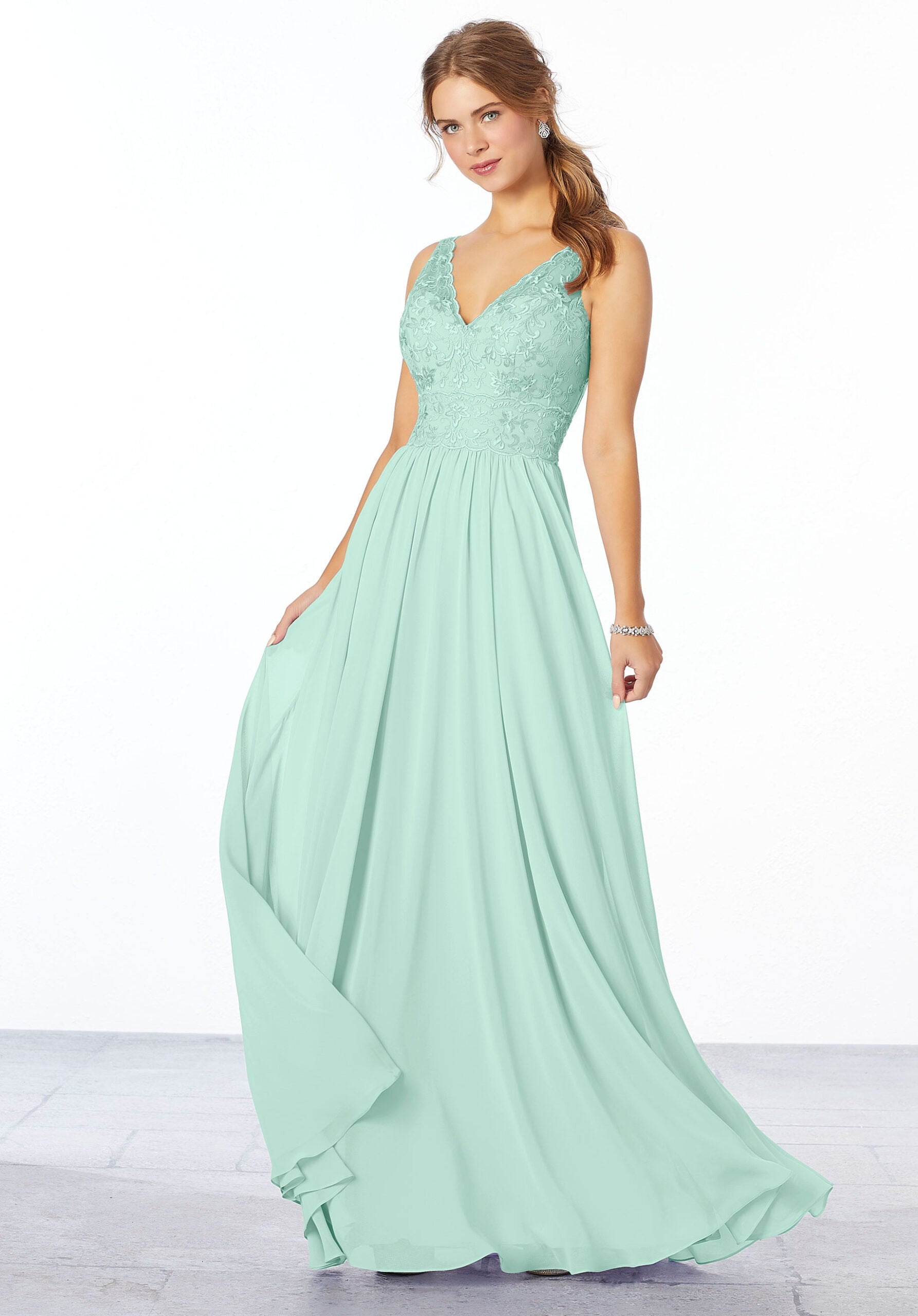 Formal Dresses Long Formal Lace A Line Dress MGNY Madeline Gardner New York 21656 Mint