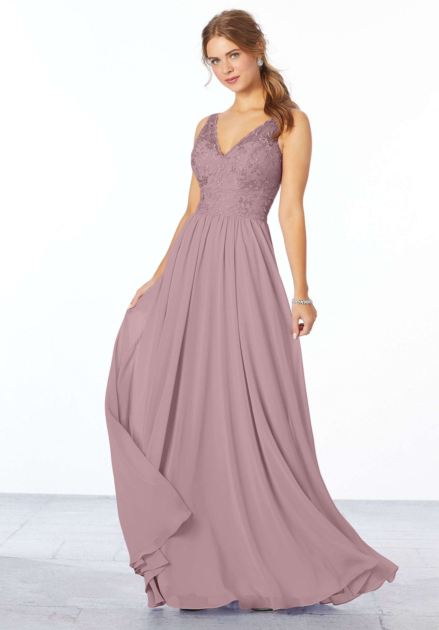 Formal Dresses A Line Formal Long Lace Dress MGNY Madeline Gardner New York 21656 French Lilac