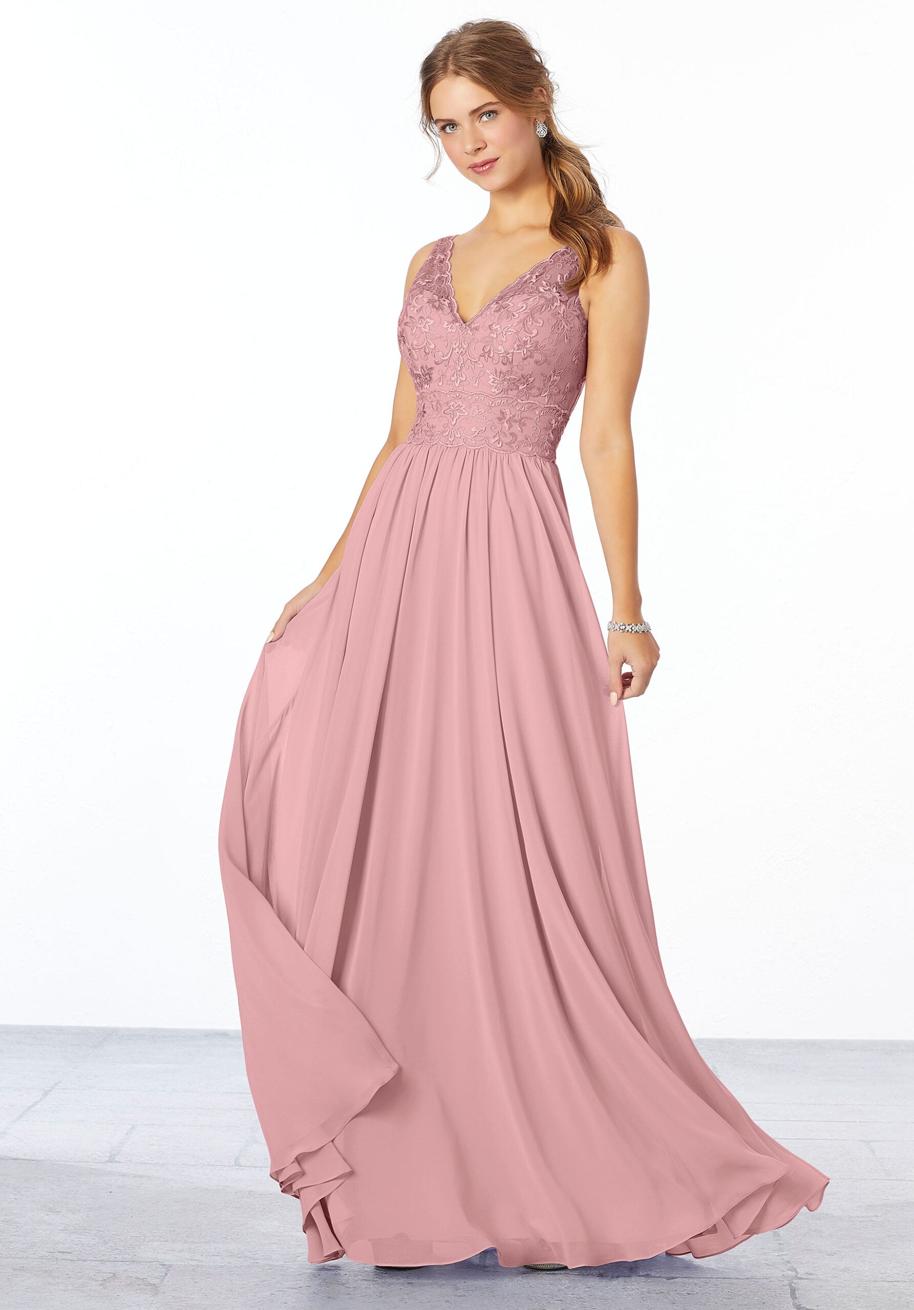Formal Dresses Lace Long Formal A Line Dress MGNY Madeline Gardner New York 21656 Desert Rose