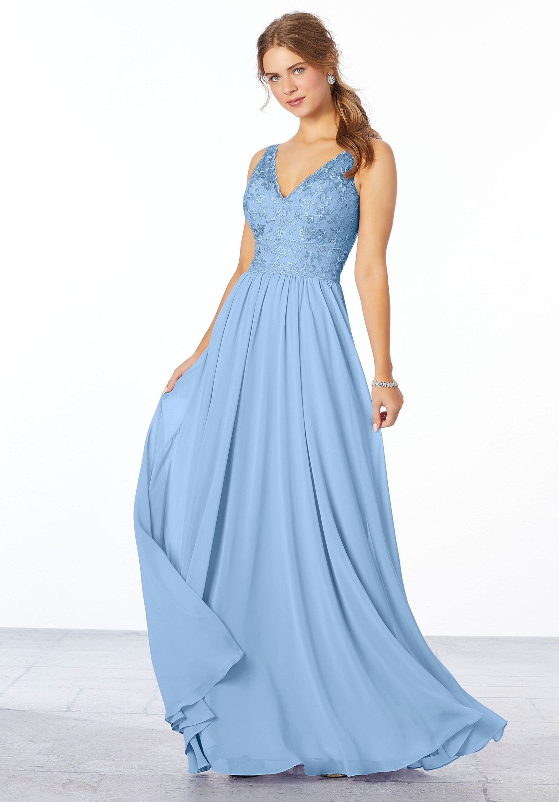 Formal Dresses Lace Long Formal A Line Dress MGNY Madeline Gardner New York 21656 Cornflower