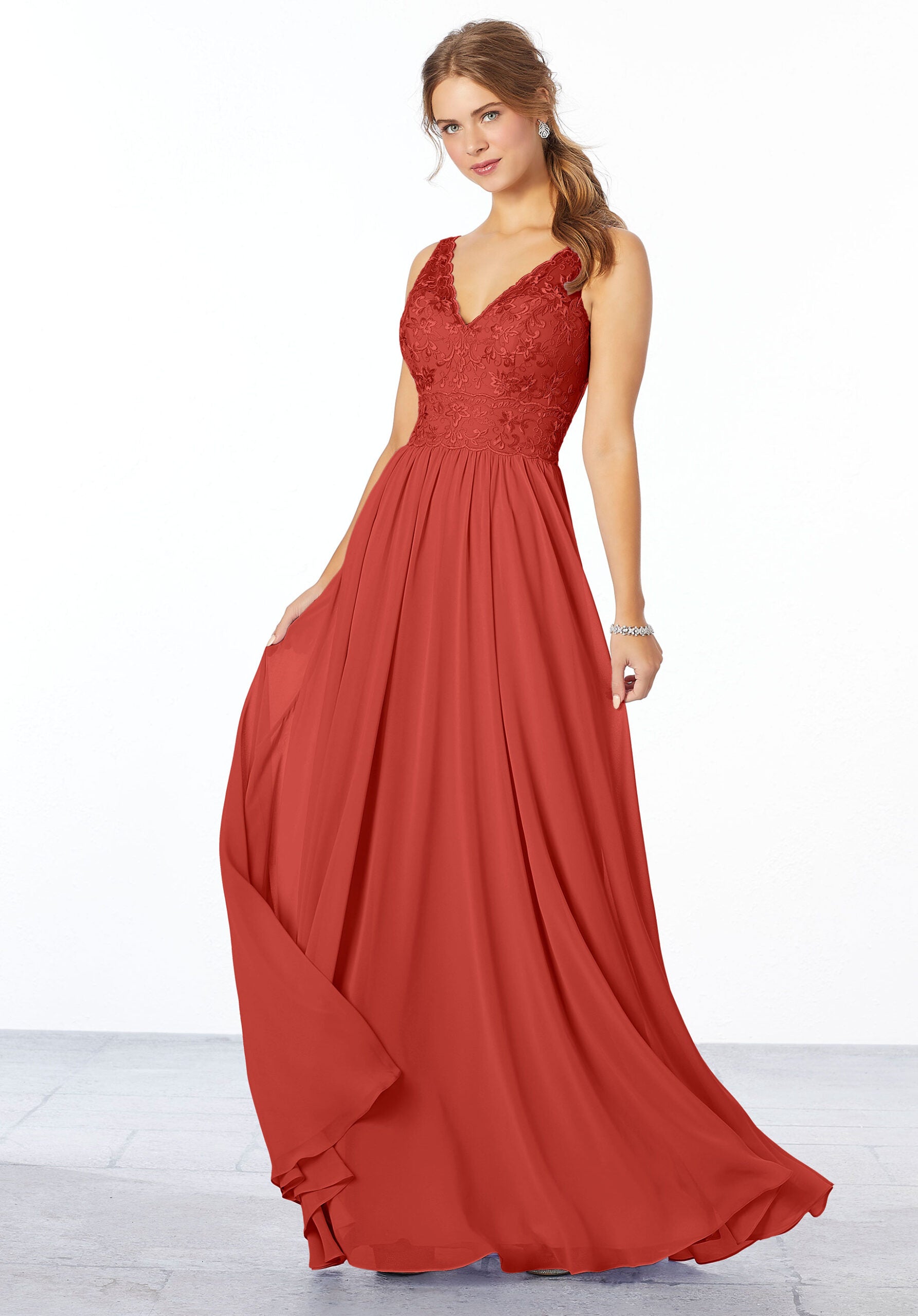 Formal Dresses Formal A Line Lace Long Dress MGNY Madeline Gardner New York 21656 Cinnamon