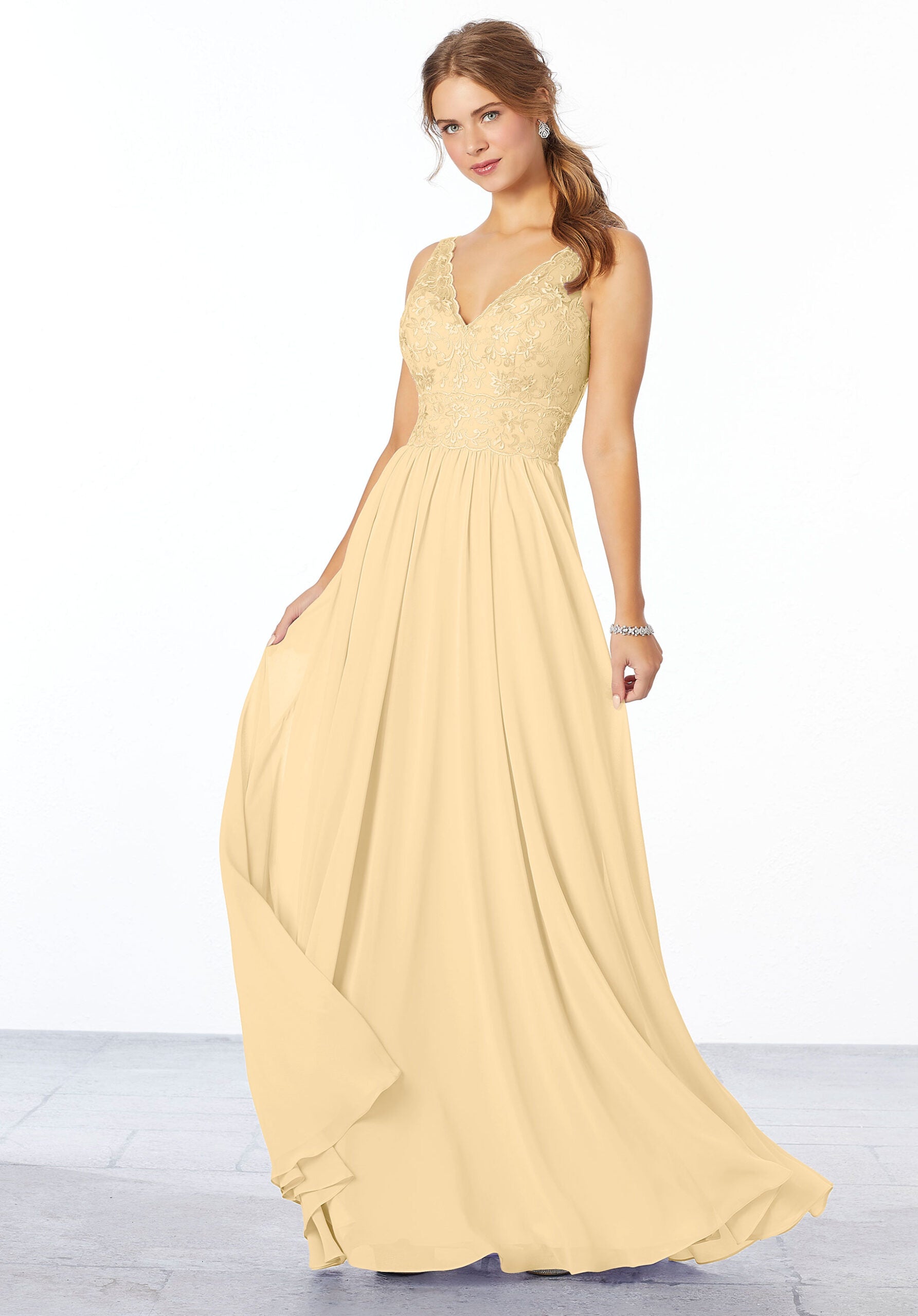 Formal Dresses Formal A Line Lace Long Dress MGNY Madeline Gardner New York 21656 Buttercup