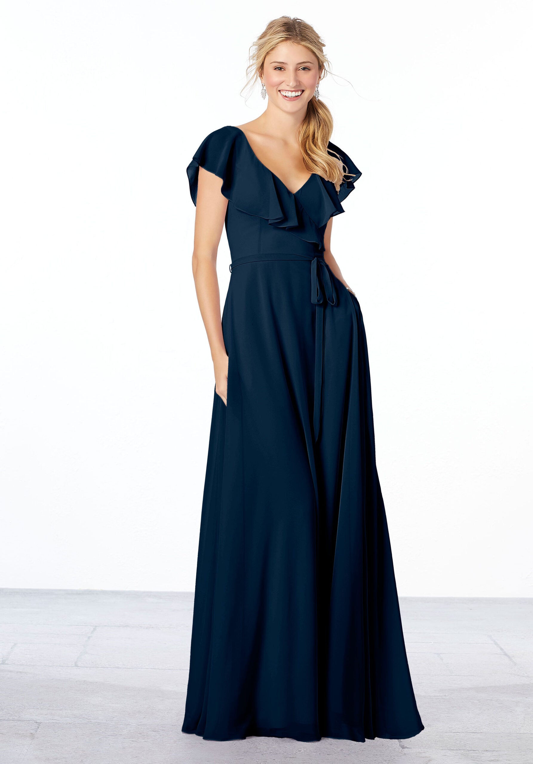 Formal Dresses Ruffle Long A Line Formal Evening Dress MGNY Madeline Gardner New York 21657 Navy