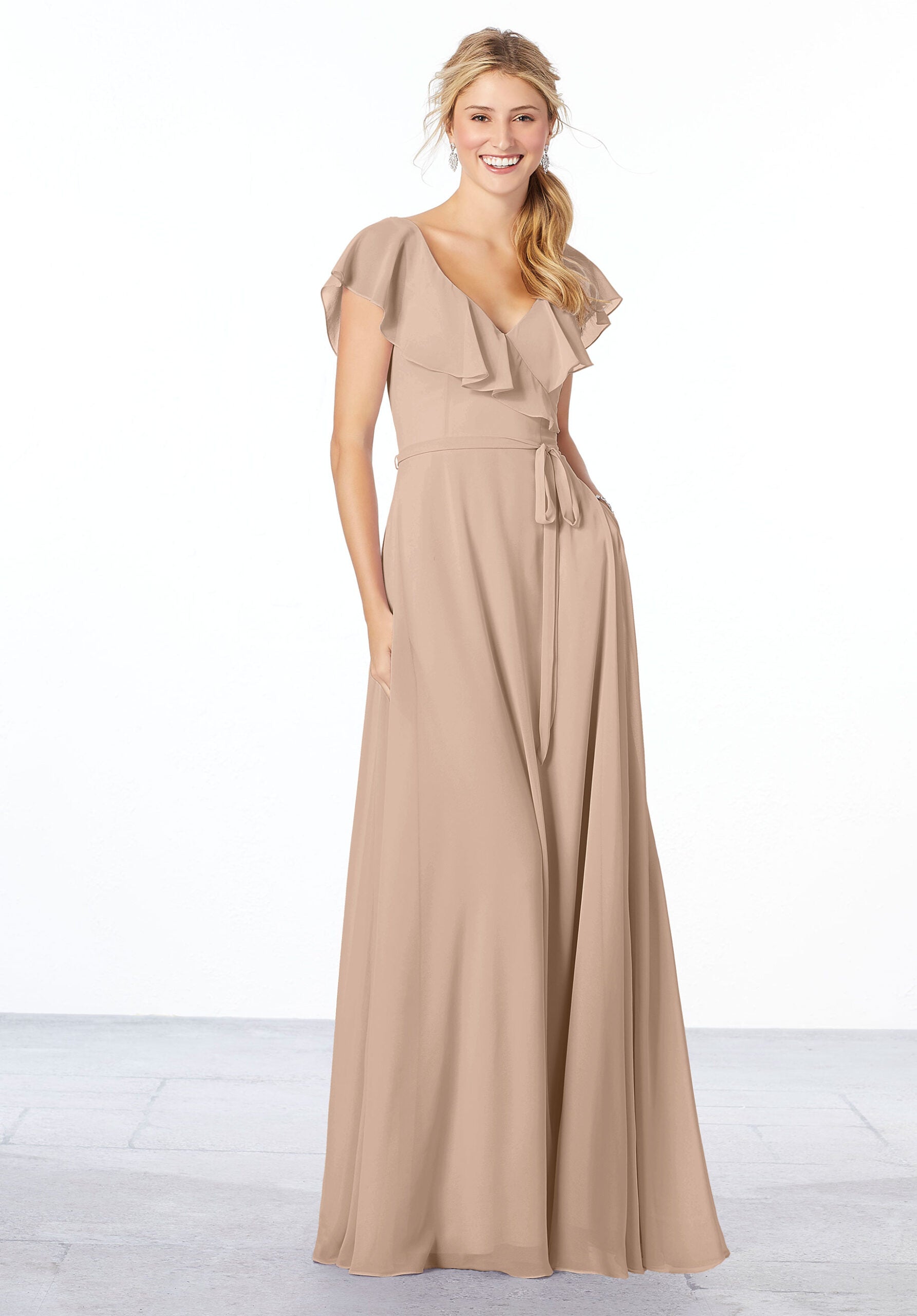 Formal Dresses Formal Ruffle Evening Long A Line Dress MGNY Madeline Gardner New York 21657 Latte