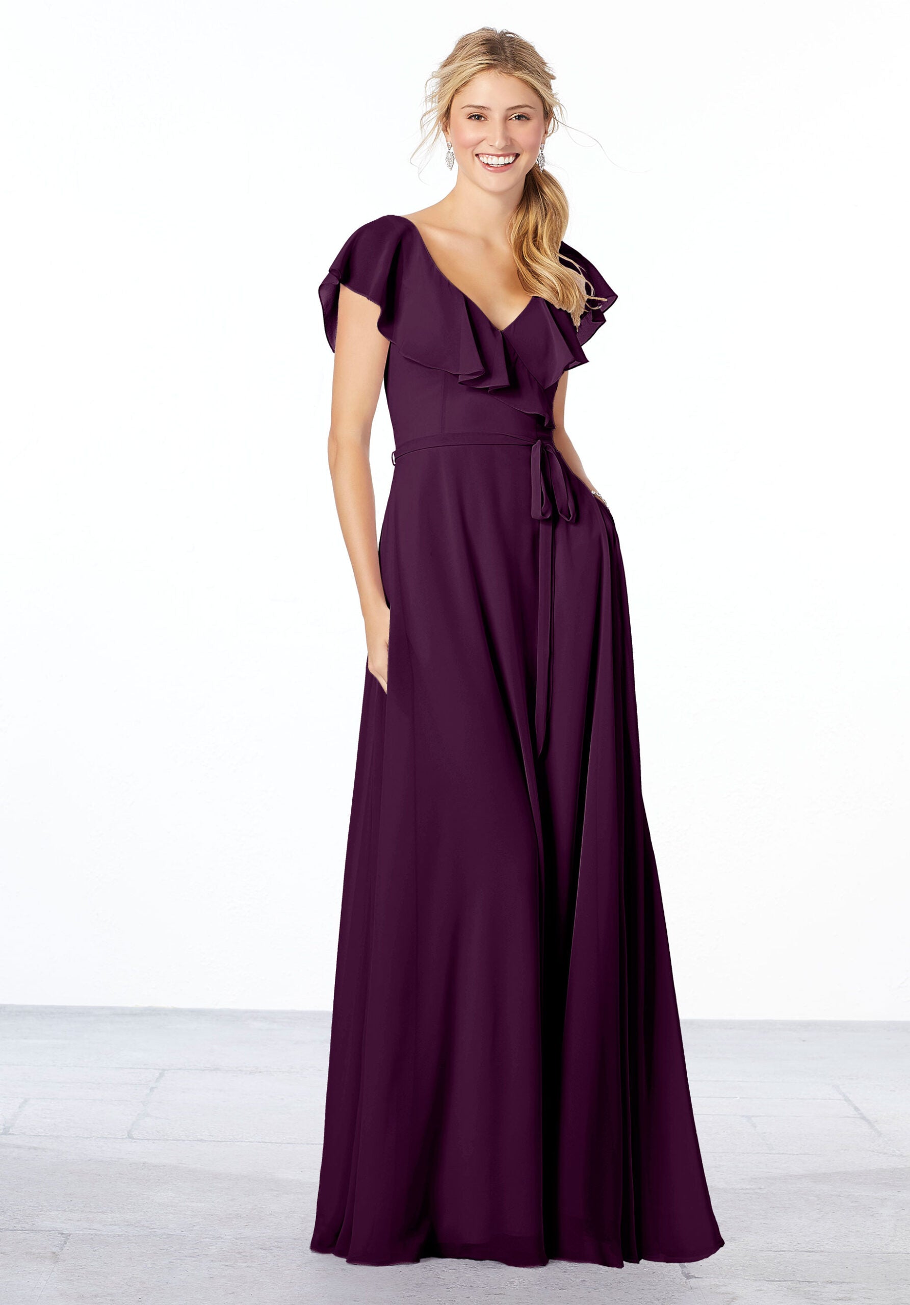 Formal Dresses A Line Long Evening Ruffle Formal Dress MGNY Madeline Gardner New York 21657 Eggplant