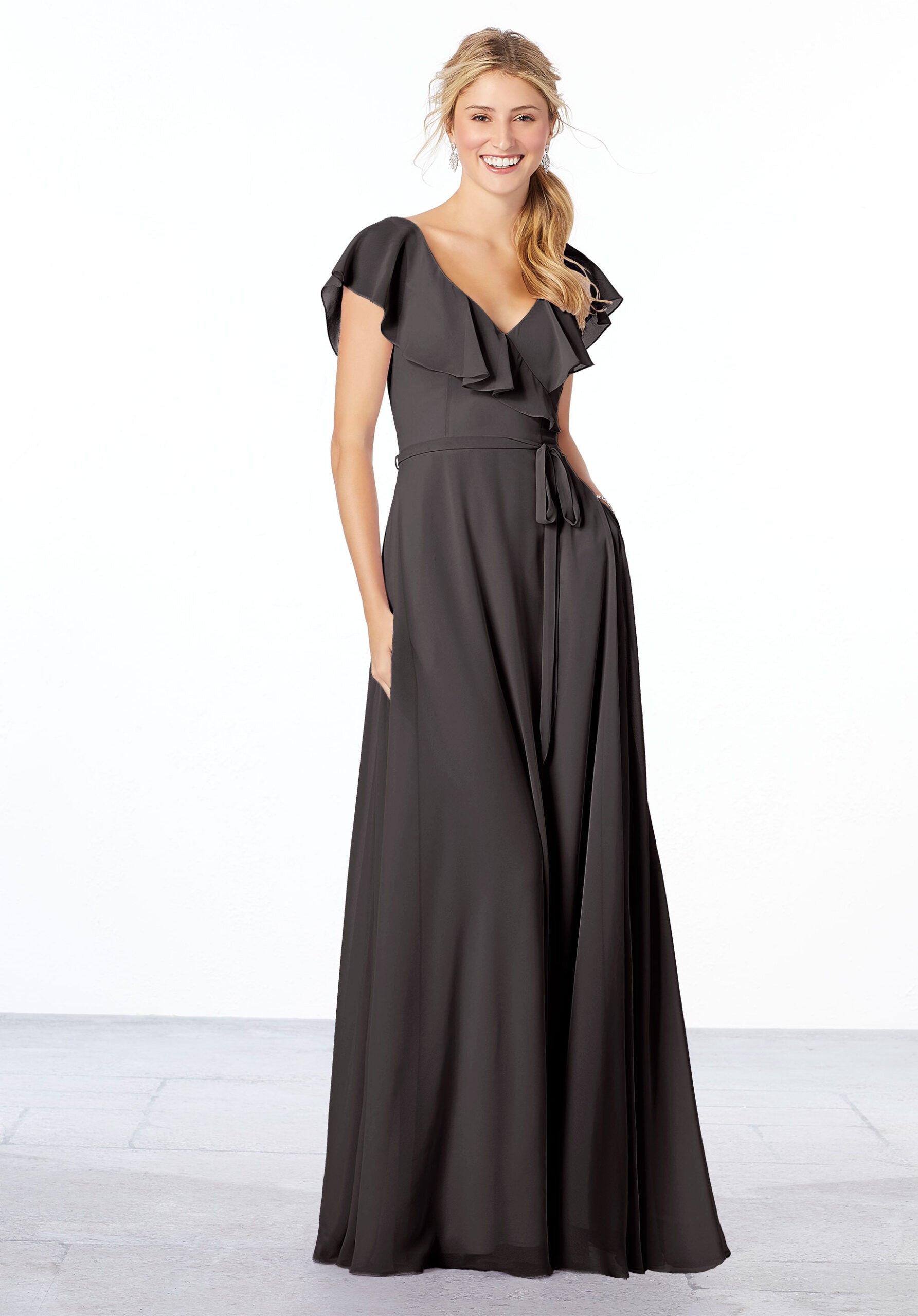 Formal Dresses Evening A Line Formal Ruffle Long Dress MGNY Madeline Gardner New York 21657 Charcoal