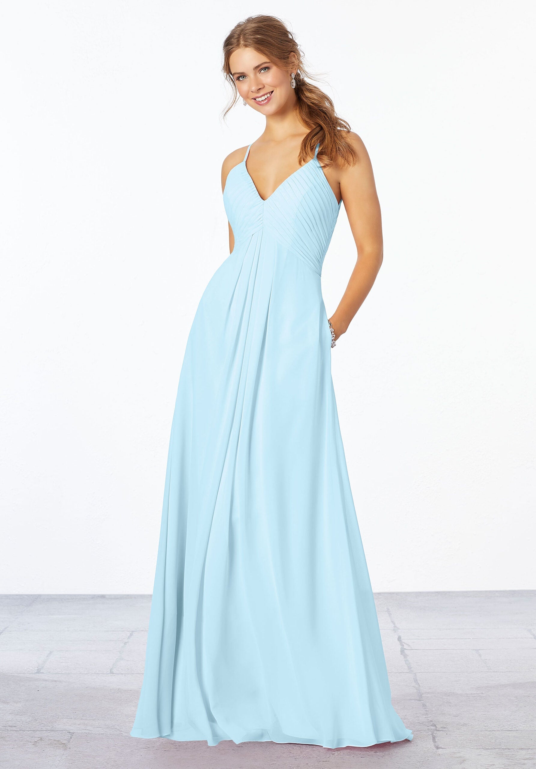 Formal Dresses Formal A Line Long Pleated Dress MGNY Madeline Gardner New York 21658 Sky