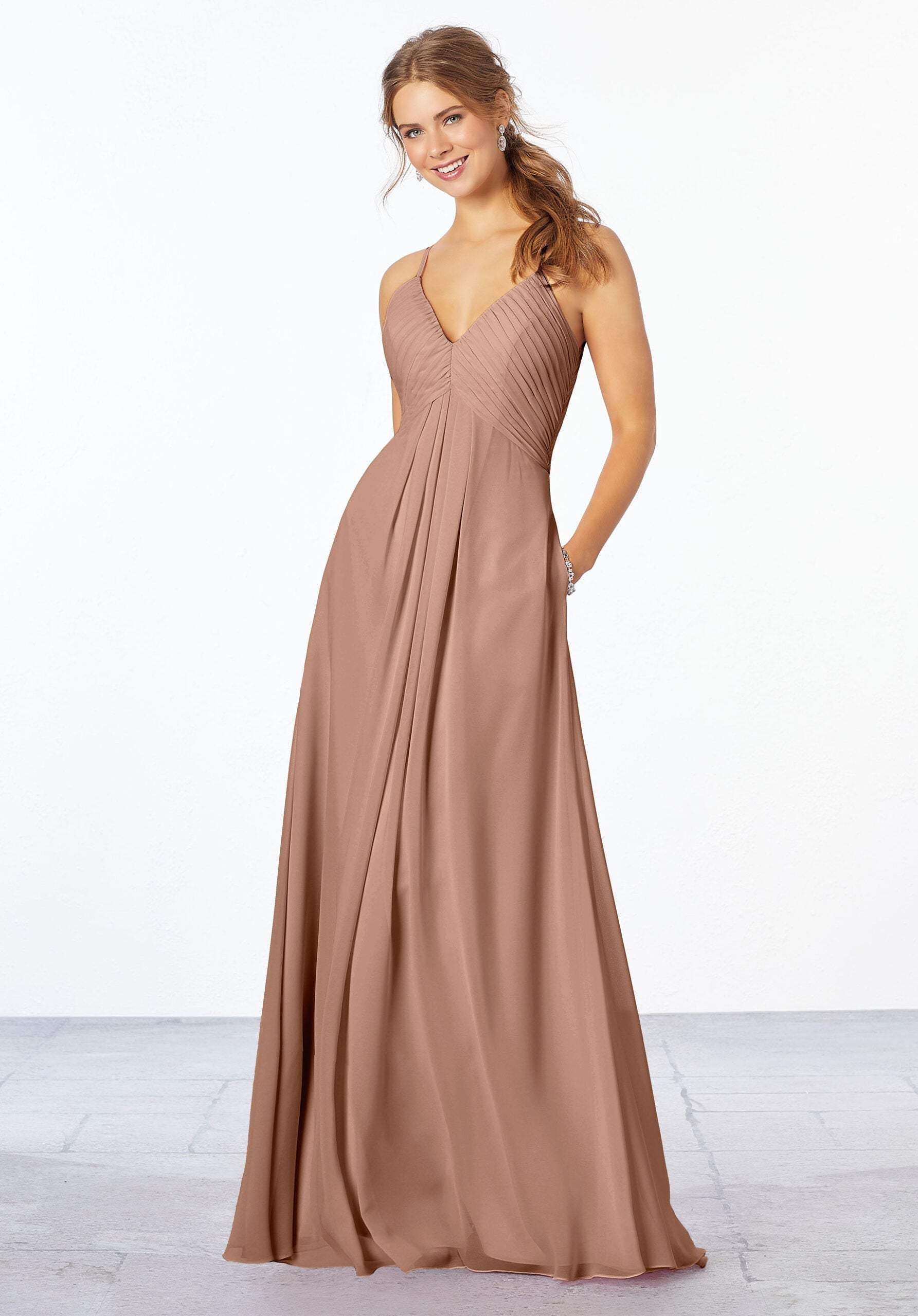 Formal Dresses Pleated Long Formal Dress MGNY Madeline Gardner New York 21658 Fawn