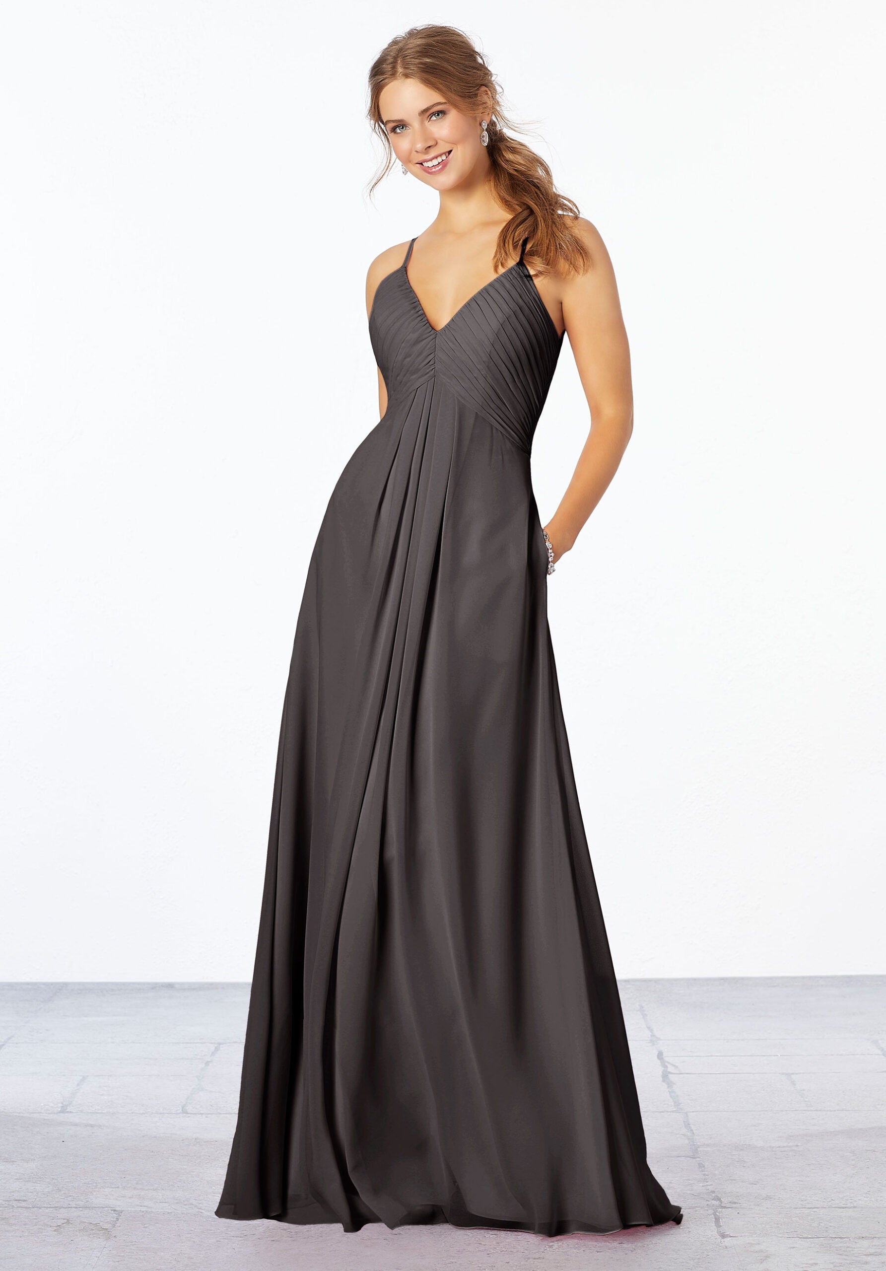Formal Dresses Long Pleated Formal Dress MGNY Madeline Gardner New York 21658 Charcoal