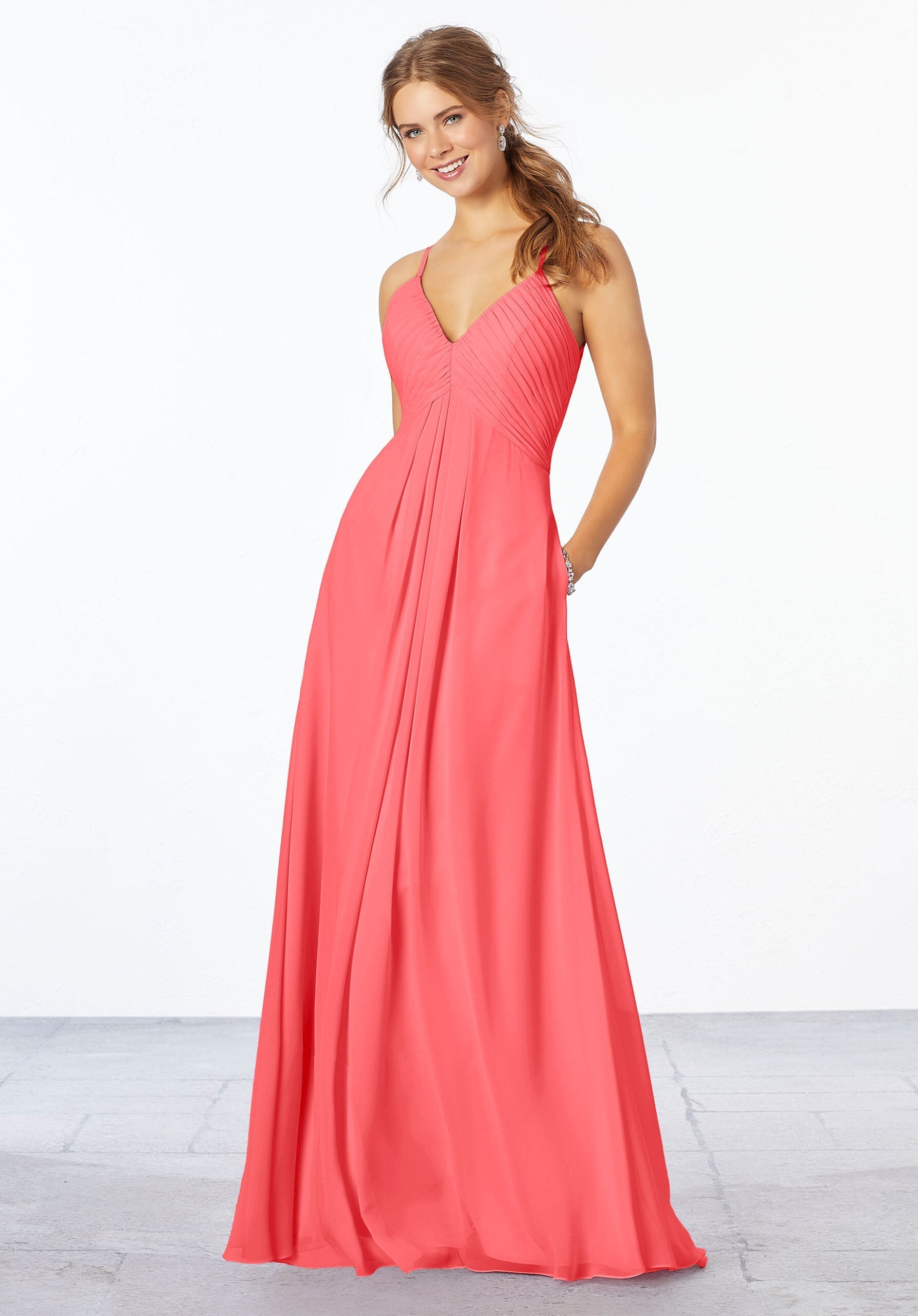 Formal Dresses A Line Long Formal Pleated Dress MGNY Madeline Gardner New York 21658 Cantaloupe