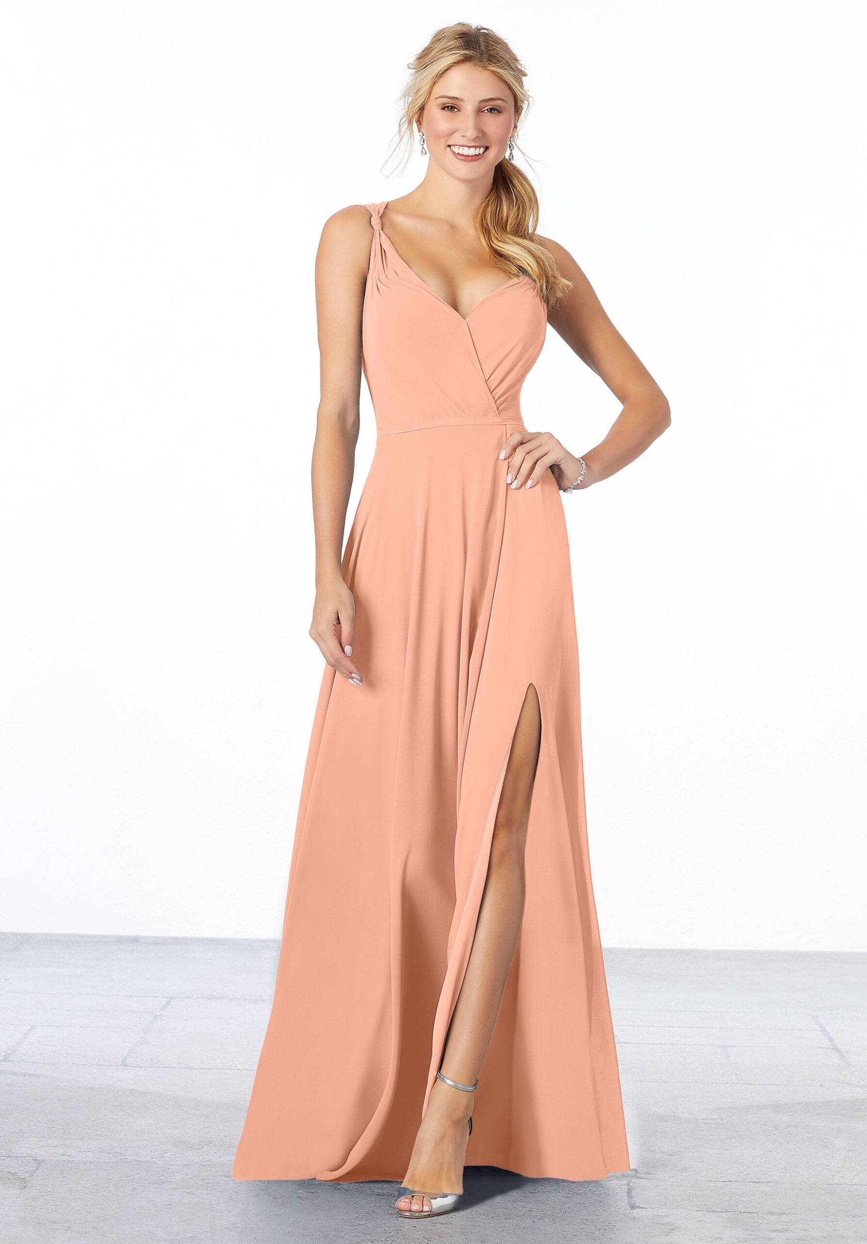 Formal Dresses A Line Slit Long Formal Evening Dress MGNY Madeline Gardner New York 21661 Peach