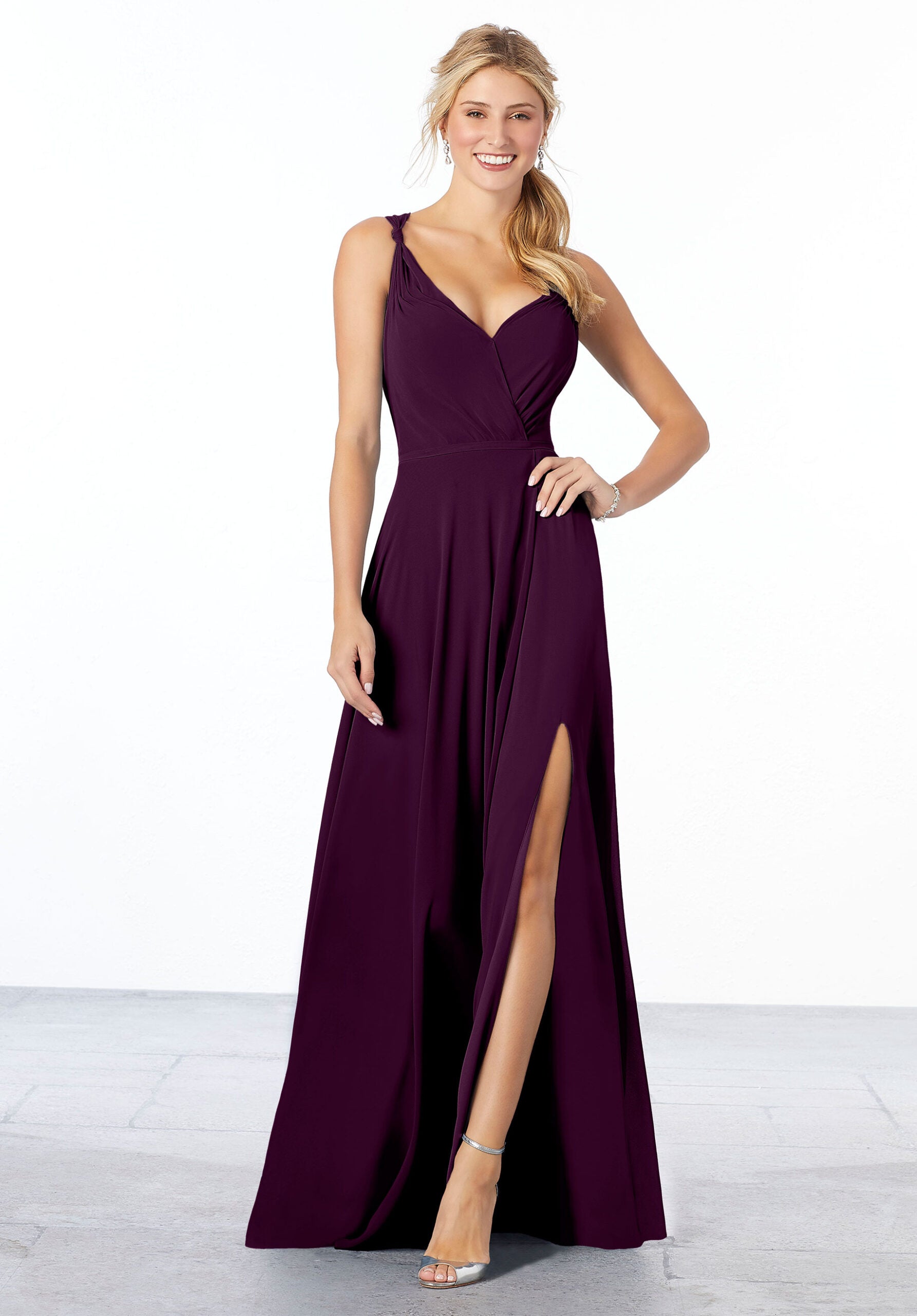 Formal Dresses A Line Formal Long Slit Evening Dress MGNY Madeline Gardner New York 21661 Eggplant