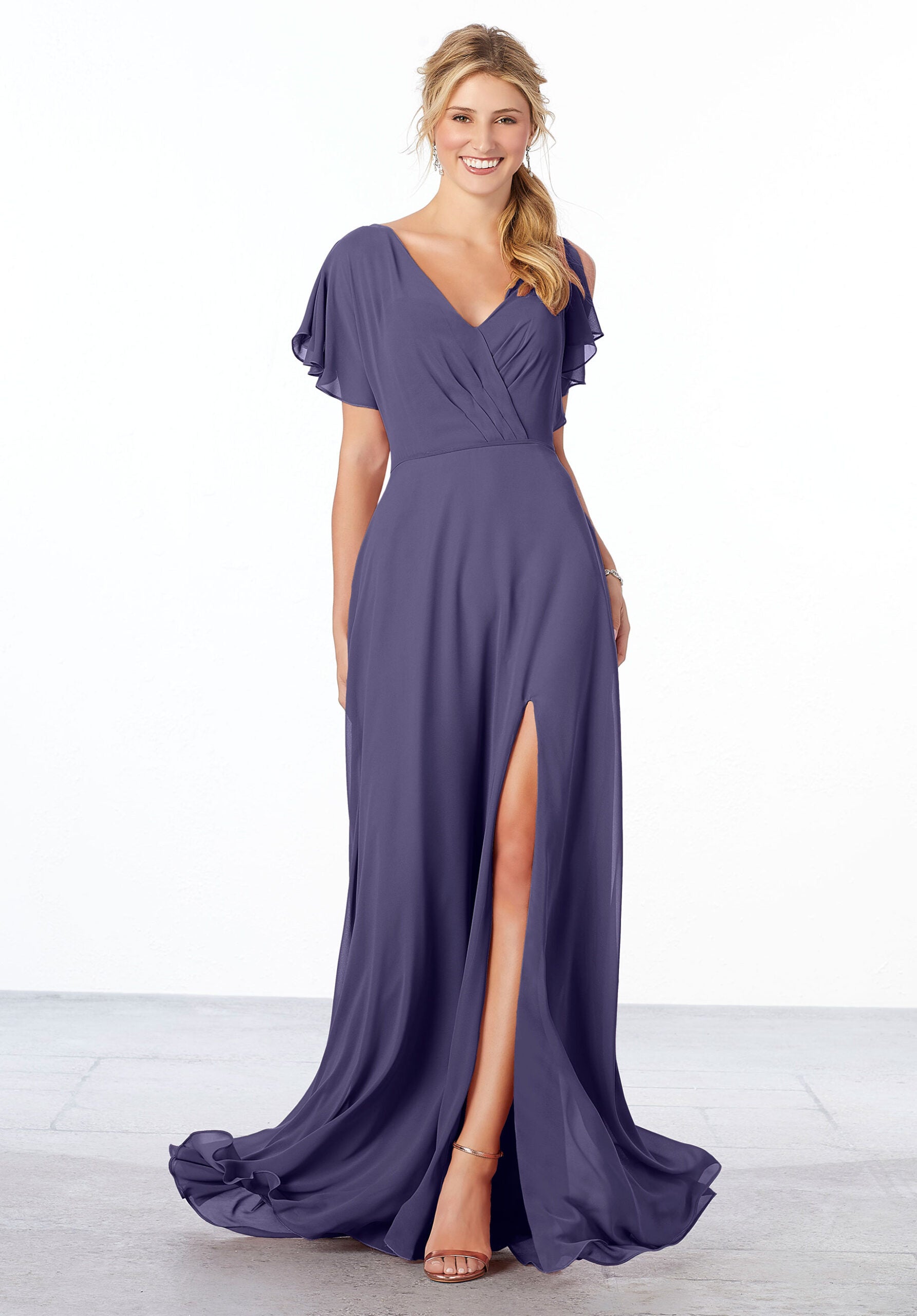 Formal Dresses Long A Line Ruffle Formal Slit Dress MGNY Madeline Gardner New York 21667 Storm
