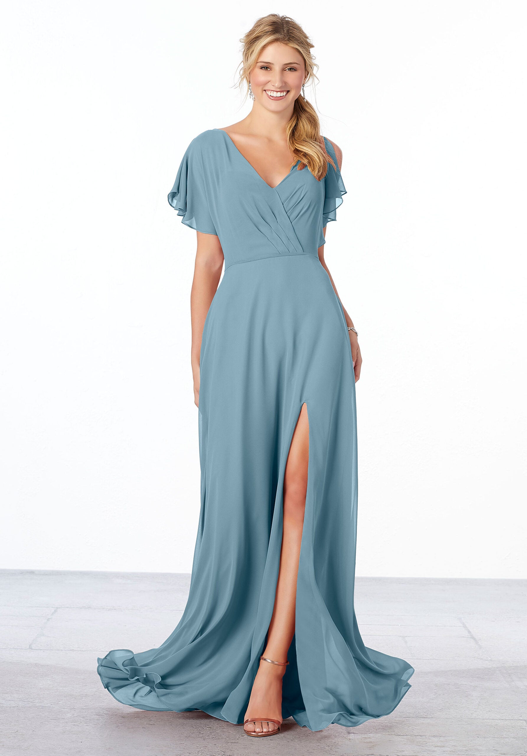 Formal Dresses Formal Ruffle Long Slit A Line Dress MGNY Madeline Gardner New York 21667 Slate