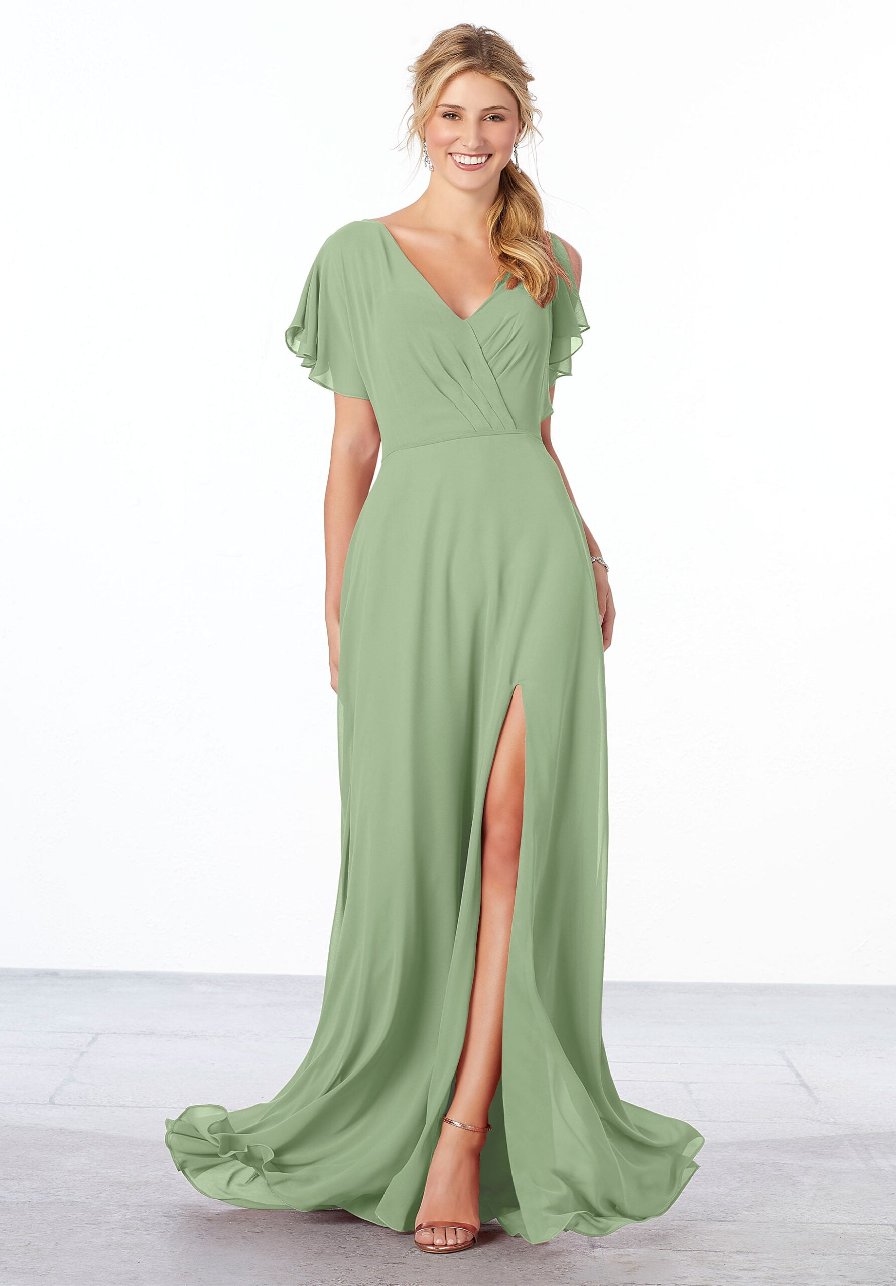 Formal Dresses Formal Ruffle Long Slit A Line Dress MGNY Madeline Gardner New York 21667 Sage