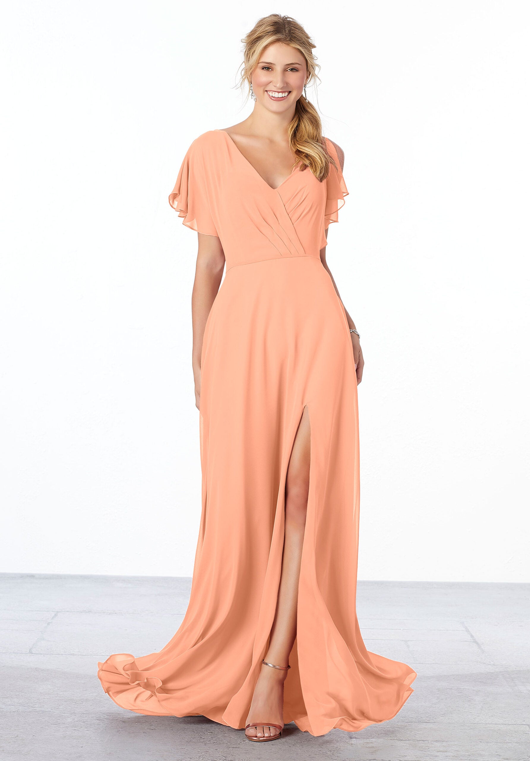 Formal Dresses Slit Long Ruffle A Line Formal Dress MGNY Madeline Gardner New York 21667 Peach