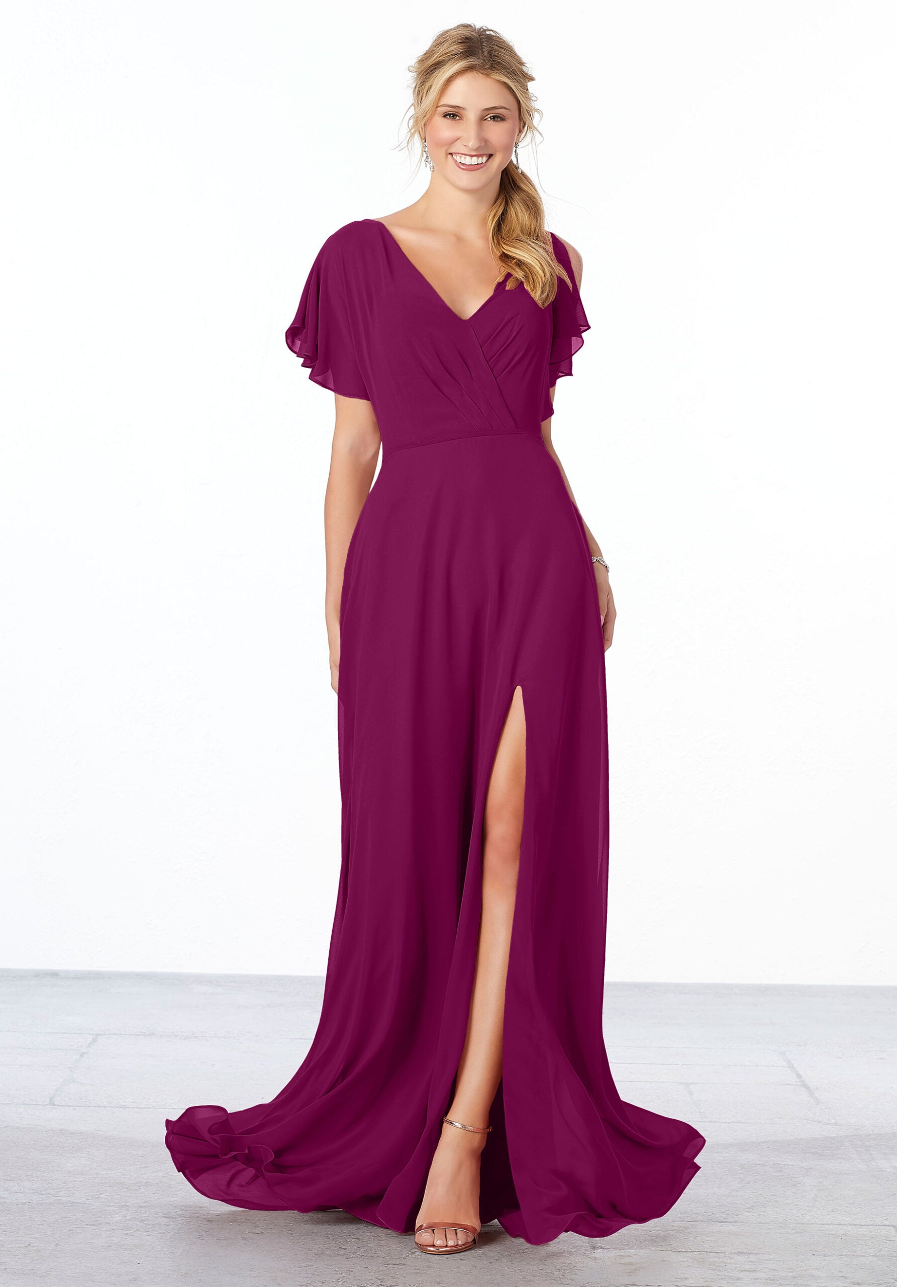 Formal Dresses Slit Long Ruffle A Line Formal Dress MGNY Madeline Gardner New York 21667 Mulberry