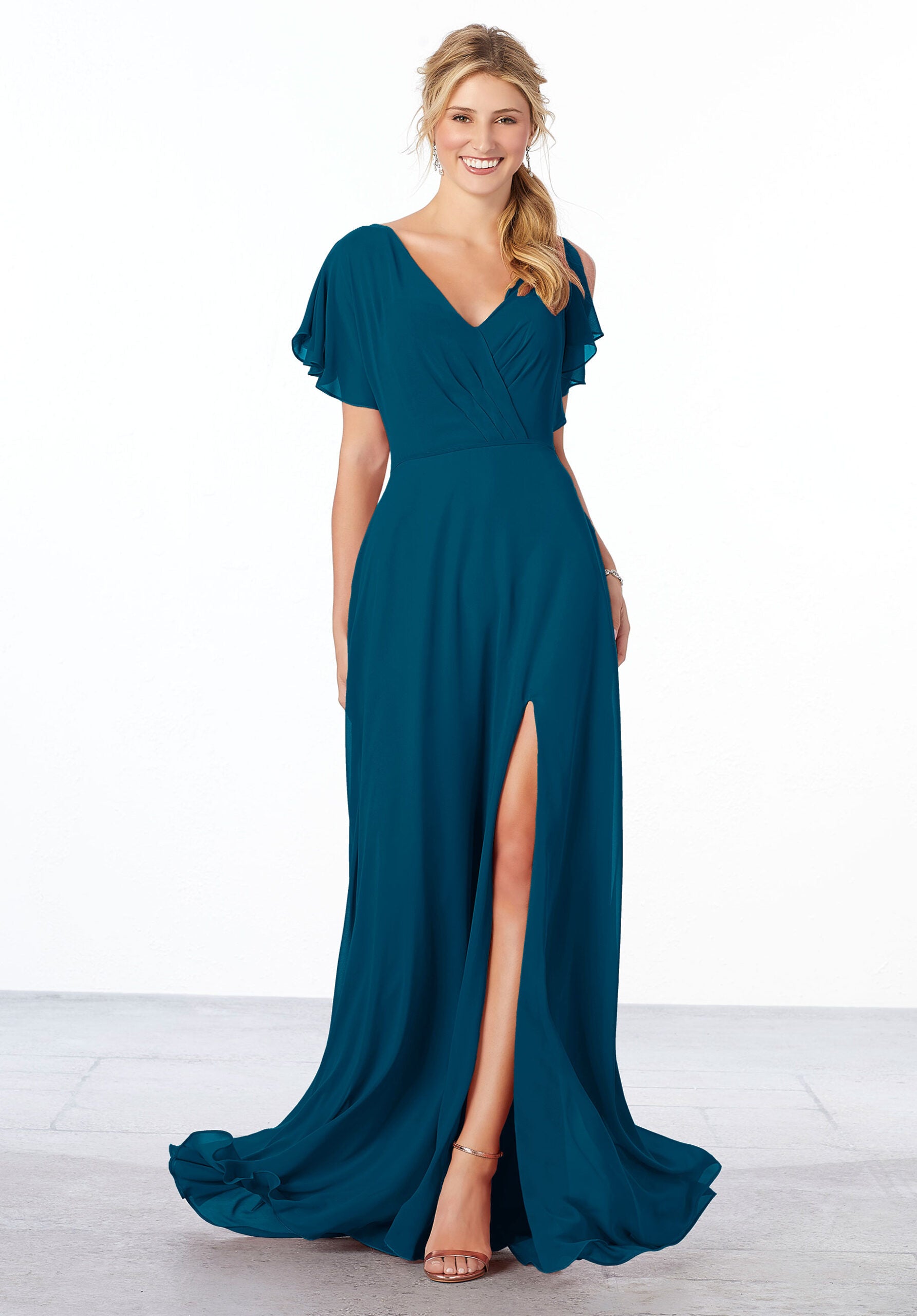 Formal Dresses A Line Ruffle Formal Long Slit Dress MGNY Madeline Gardner New York 21667 Marine