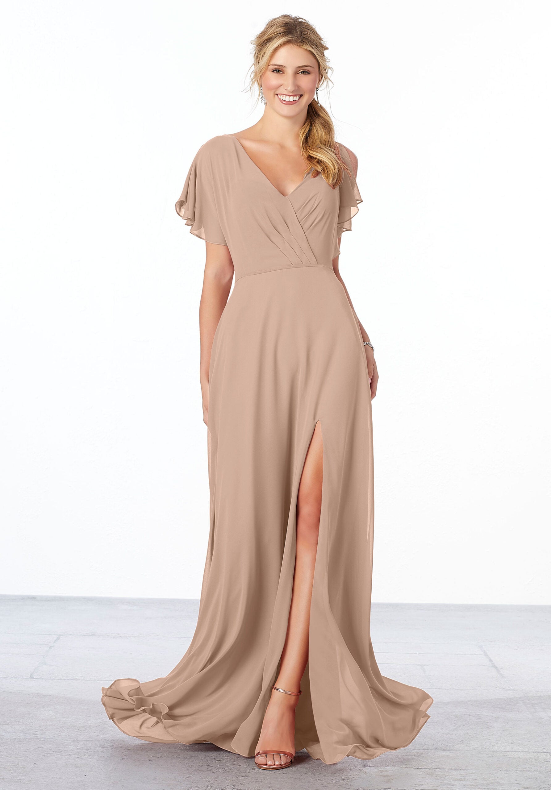 Formal Dresses A Line Ruffle Formal Long Slit Dress MGNY Madeline Gardner New York 21667 Latte