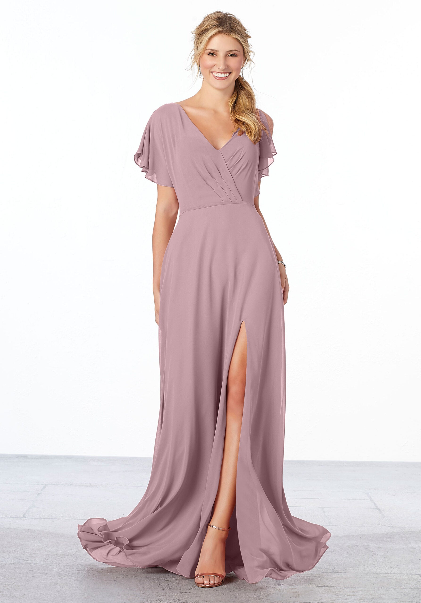 Formal Dresses A Line Ruffle Formal Long Slit Dress MGNY Madeline Gardner New York 21667 French Lilac