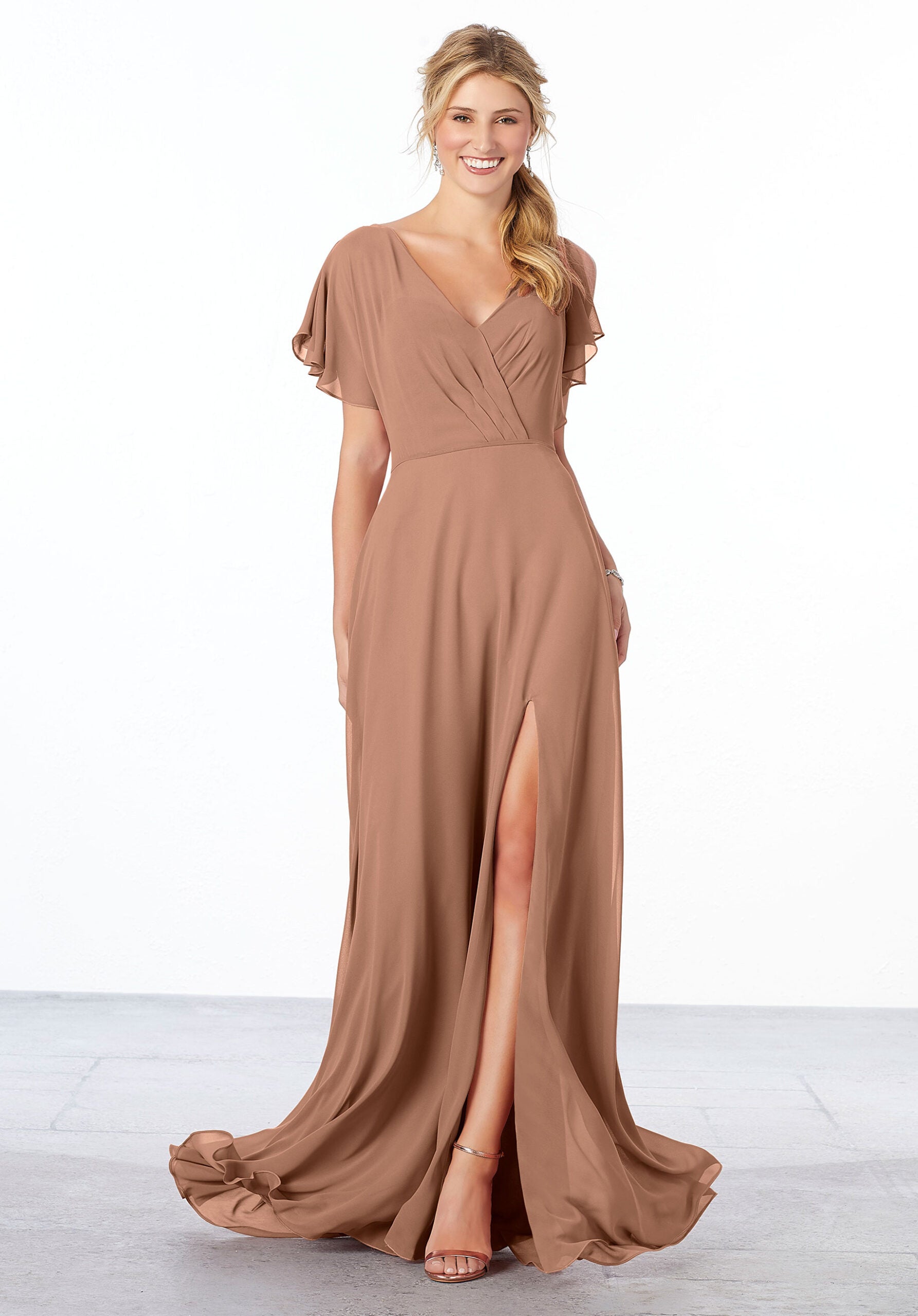 Formal Dresses Long Slit A Line Formal Ruffle Dress MGNY Madeline Gardner New York 21667 Fawn