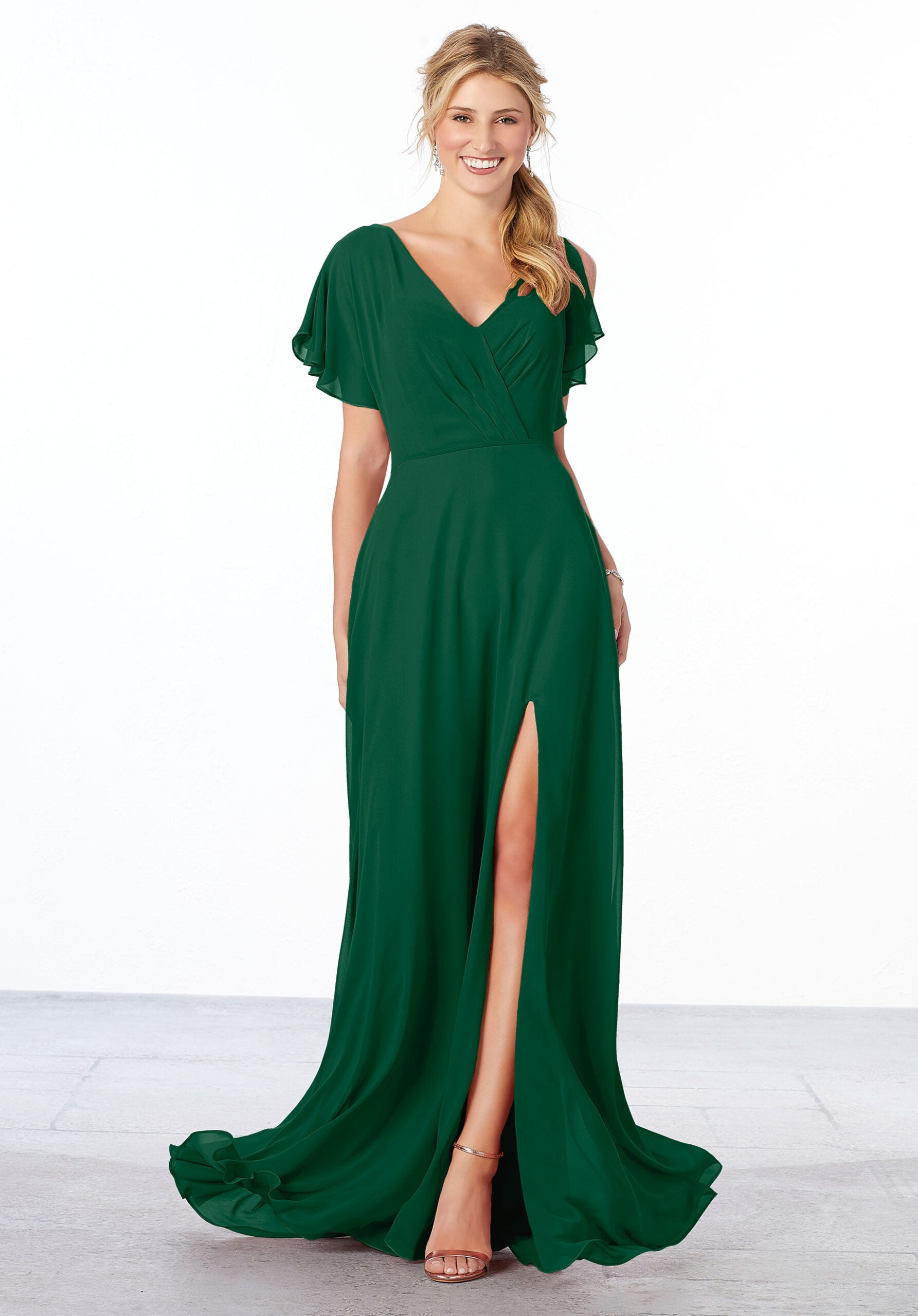 Formal Dresses Formal Long Slit Ruffle A Line Dress MGNY Madeline Gardner New York 21667 Emerald