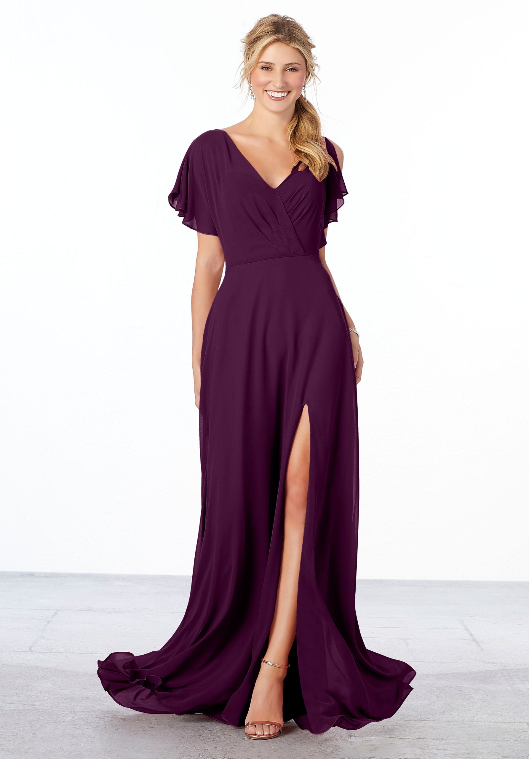 Formal Dresses Formal Long Slit Ruffle A Line Dress MGNY Madeline Gardner New York 21667 Eggplant