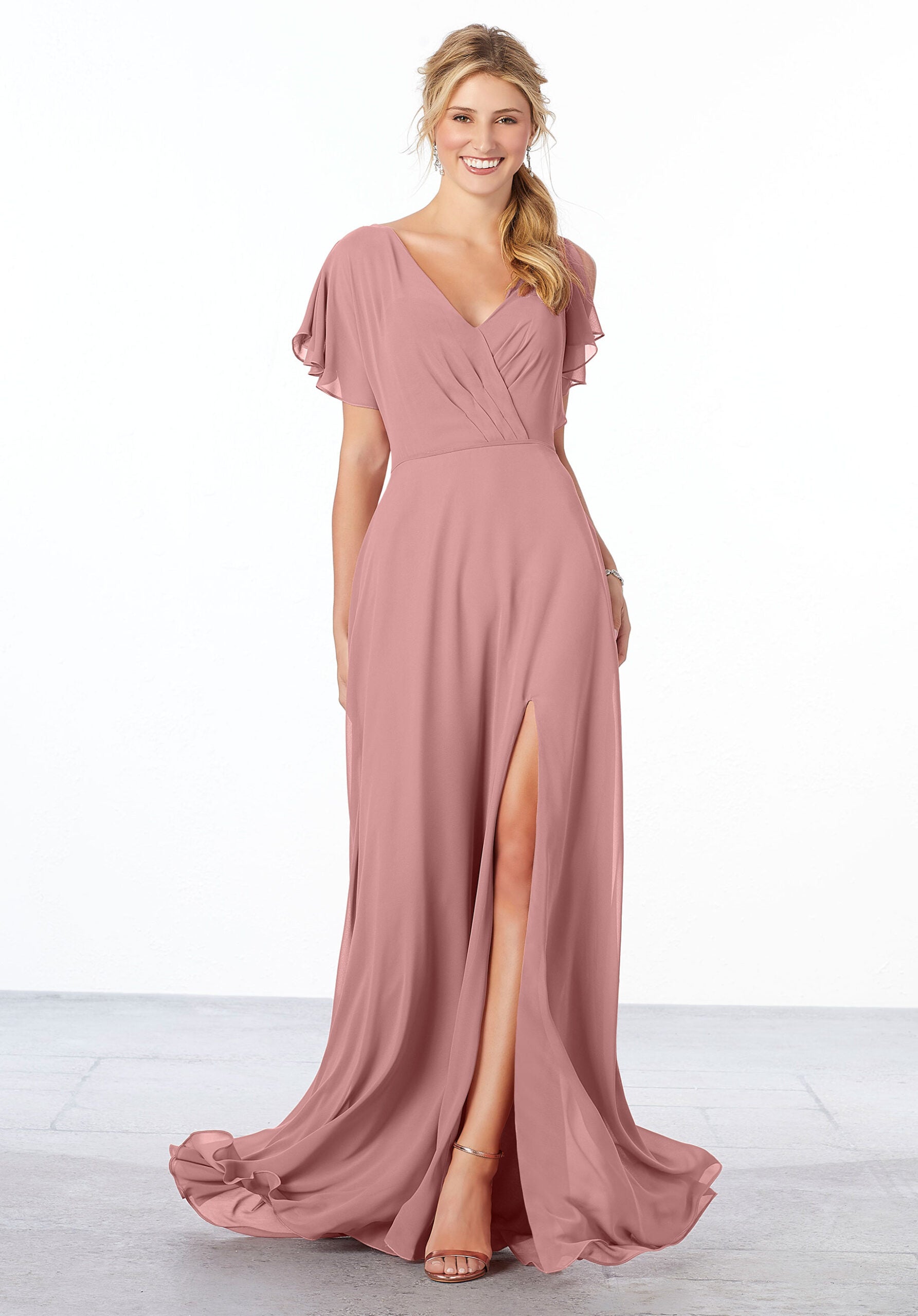Formal Dresses Formal Long Slit Ruffle A Line Dress MGNY Madeline Gardner New York 21667 Desert Rose