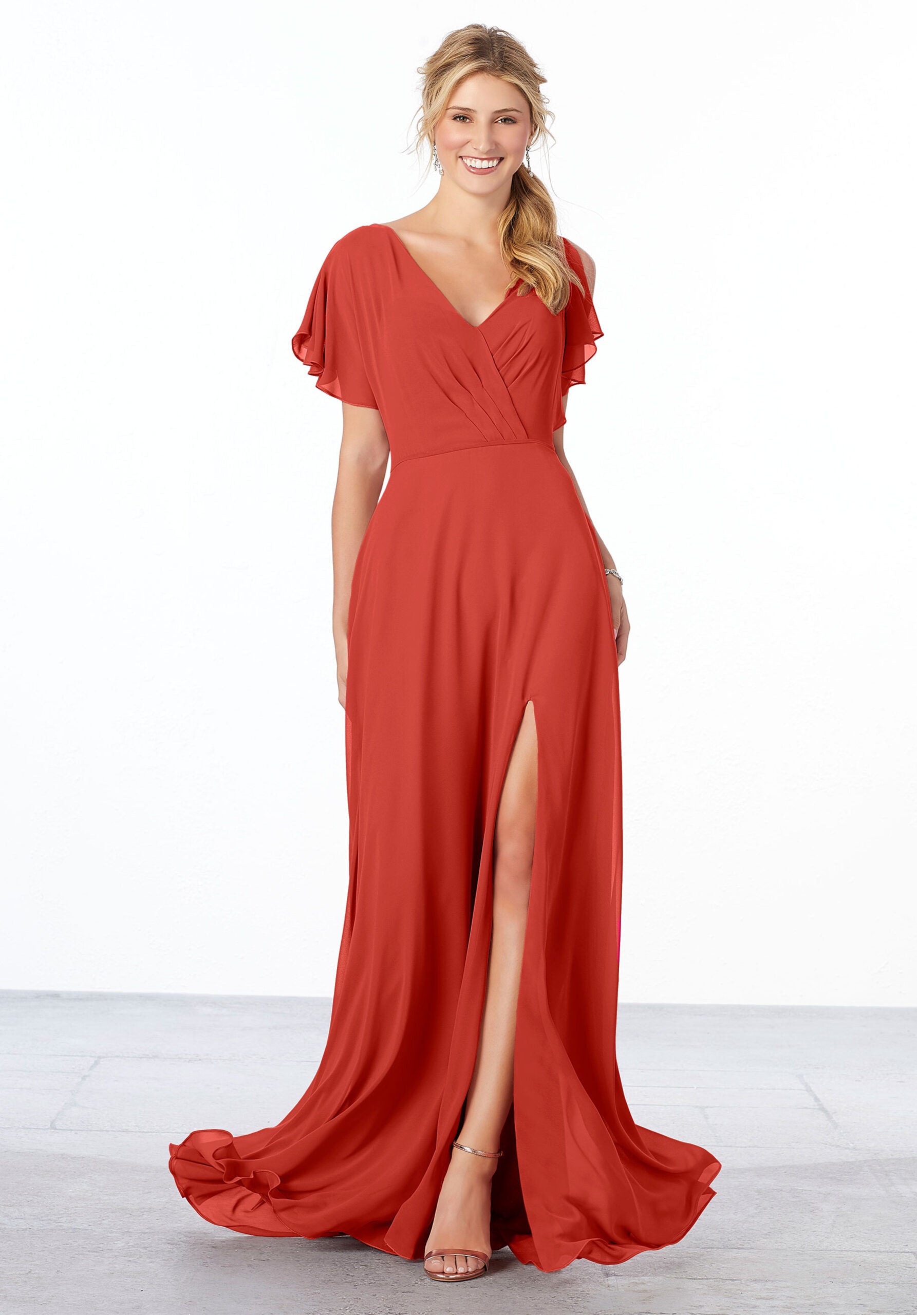Formal Dresses Ruffle Formal A Line Slit Long Dress MGNY Madeline Gardner New York 21667 Cinnamon