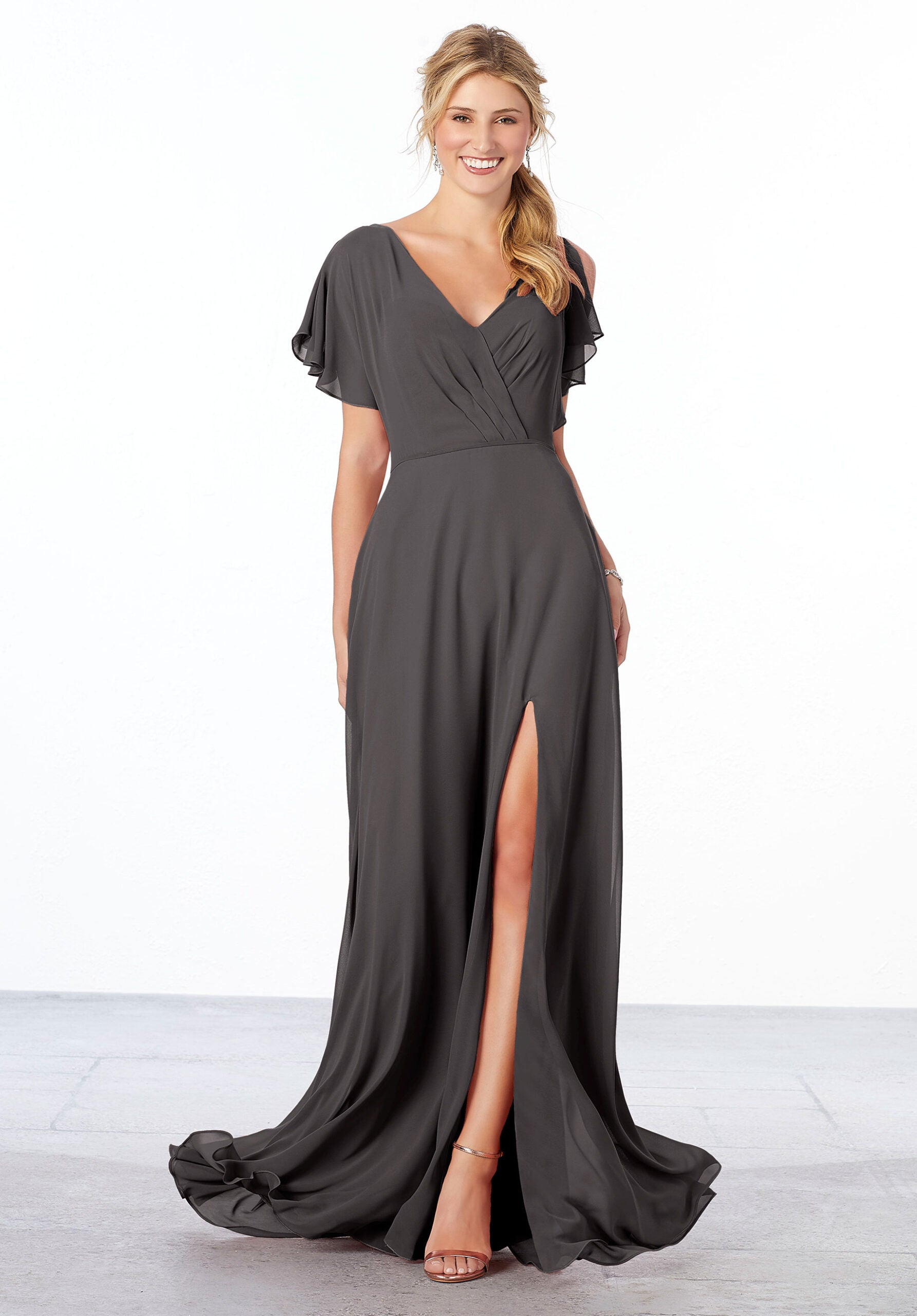 Formal Dresses Ruffle Formal A Line Slit Long Dress MGNY Madeline Gardner New York 21667 Charcoal