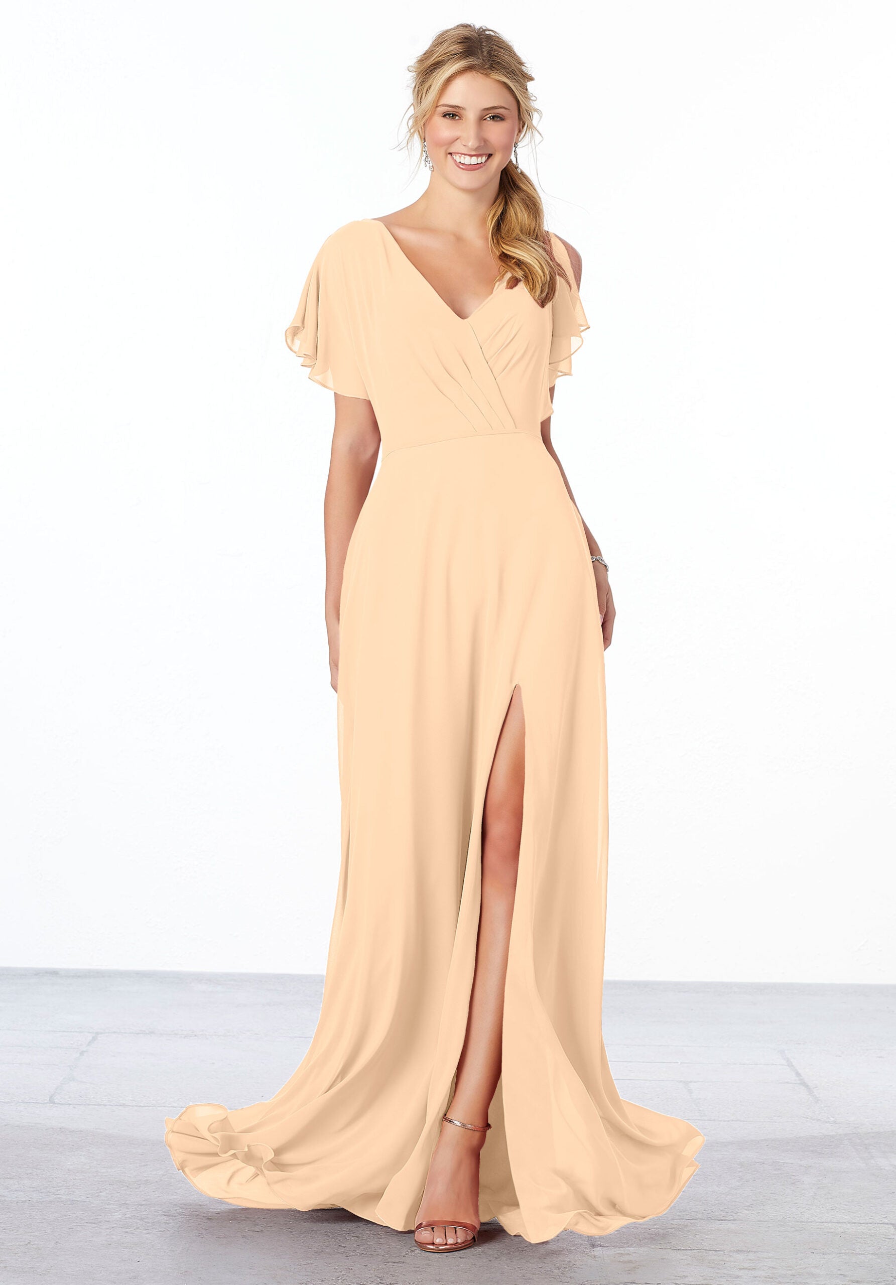 Formal Dresses Ruffle Formal A Line Slit Long Dress MGNY Madeline Gardner New York 21667 Champagne