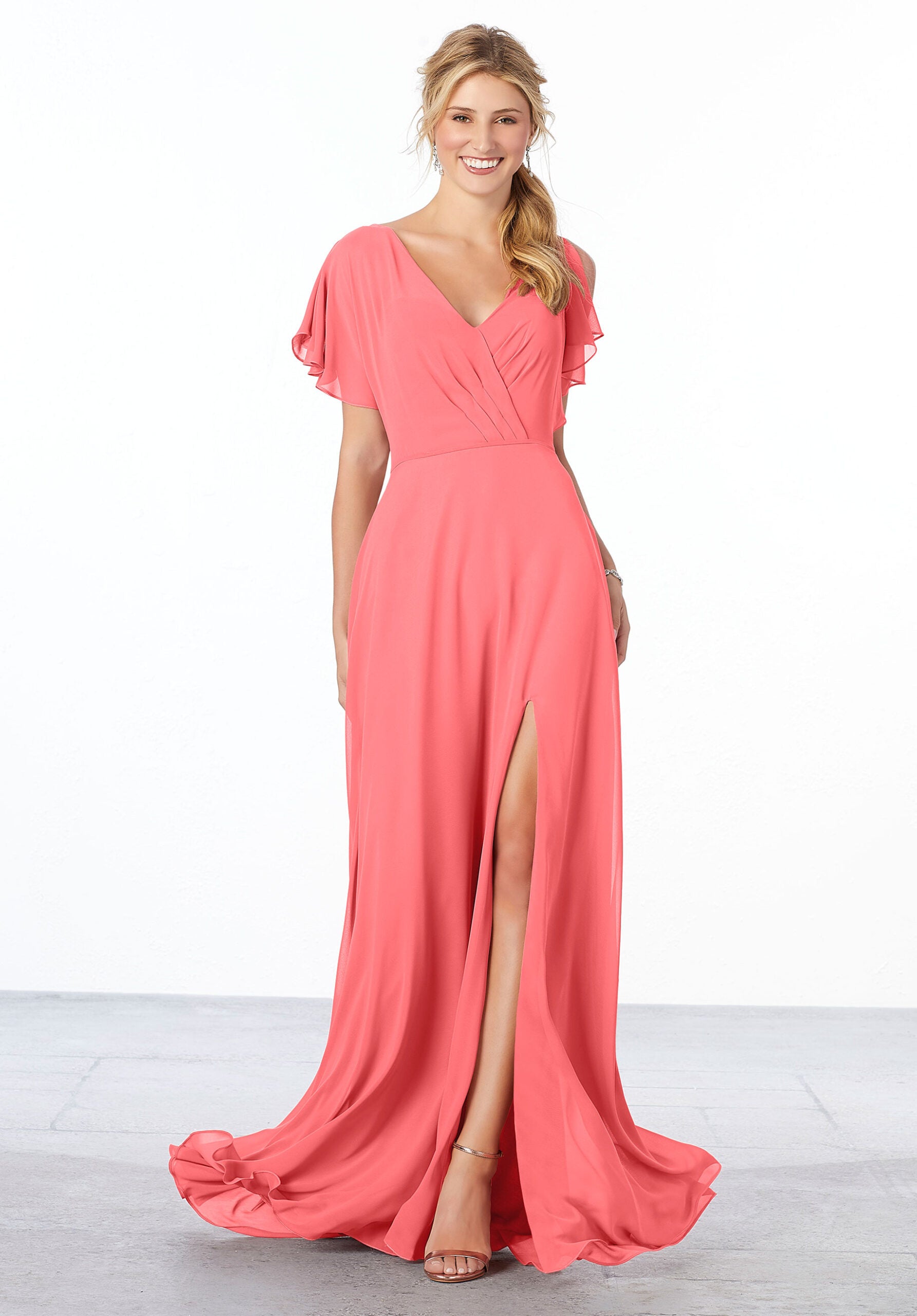 Formal Dresses Long A Line Ruffle Formal Slit Dress MGNY Madeline Gardner New York 21667 Cantaloupe