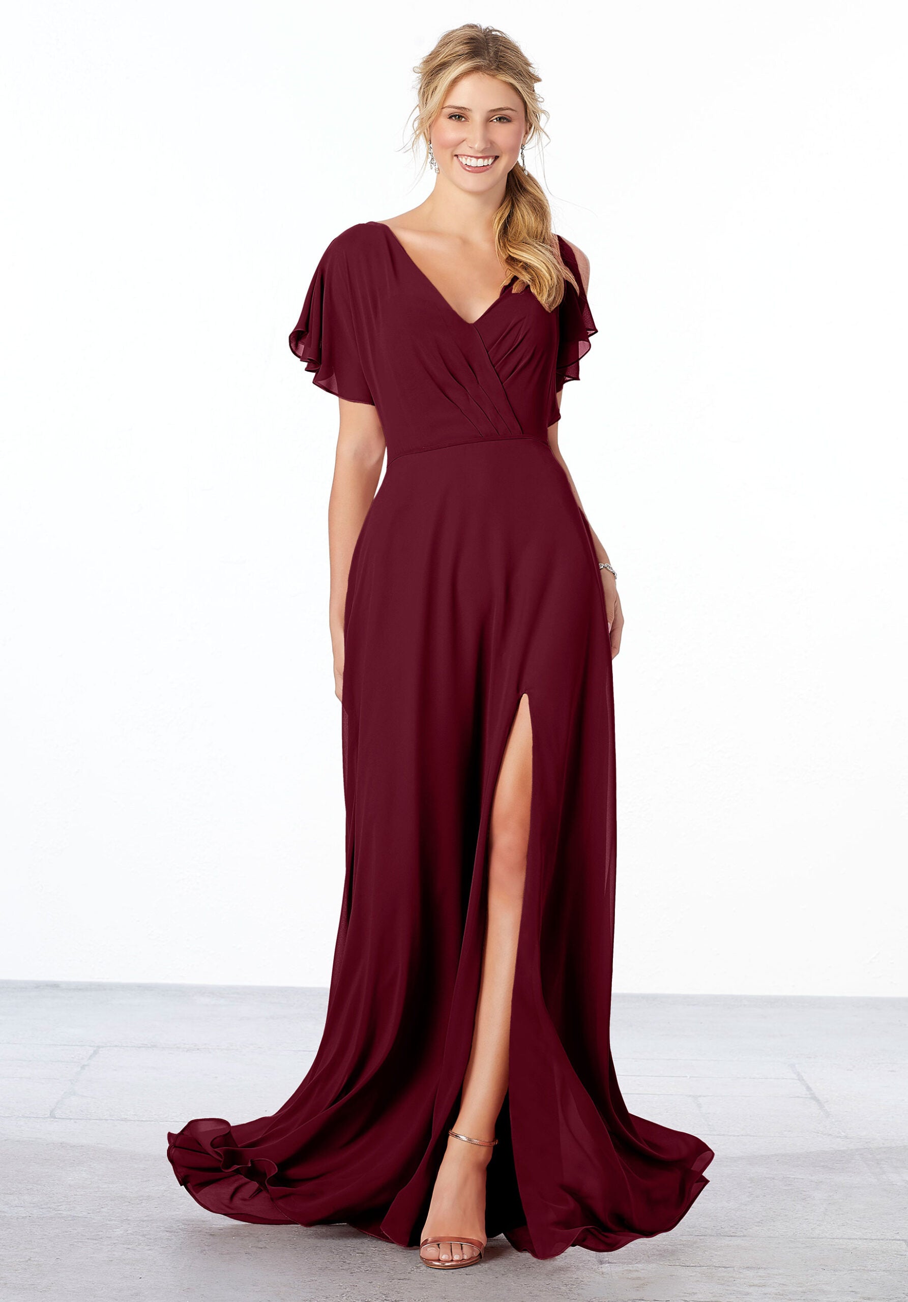Formal Dresses Long Slit A Line Formal Ruffle Dress MGNY Madeline Gardner New York 21667 Bordeaux